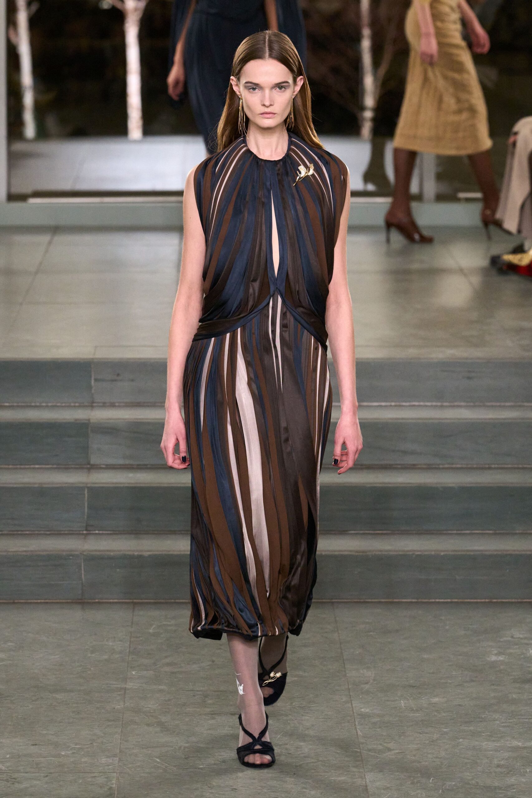 brown silk sleeveless v-neck fitted pleated layered dress