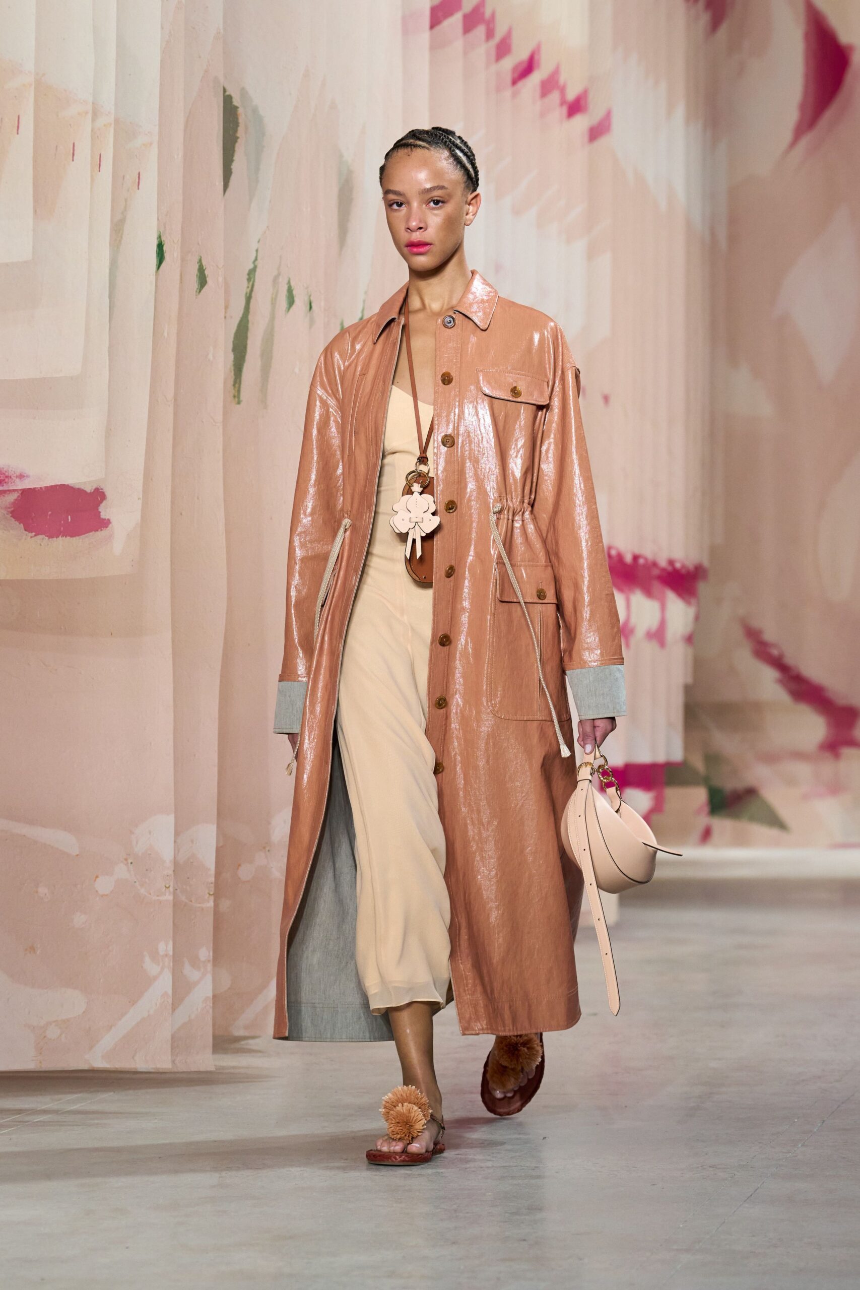 pink vinyl long-sleeve collared relaxed buttoned shiny coat
