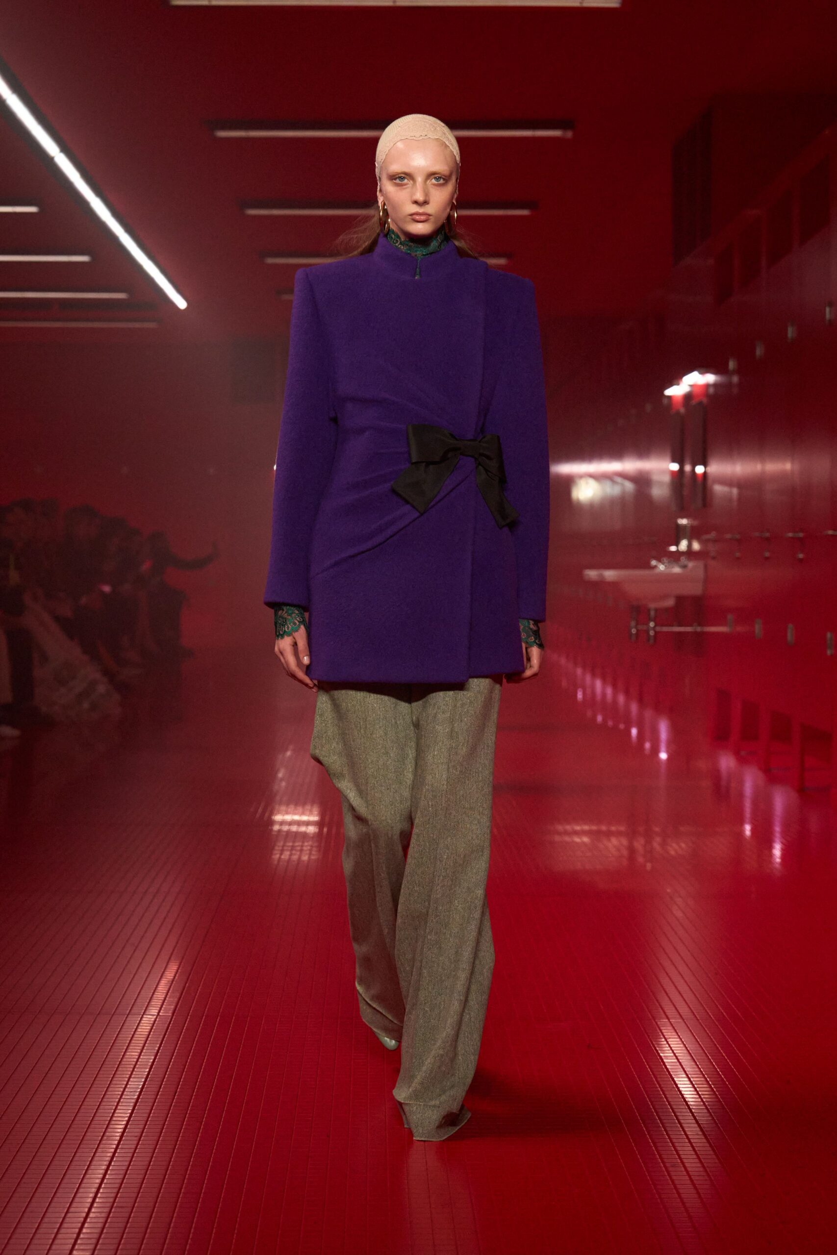 purple wool long-sleeve collared fitted belted coat