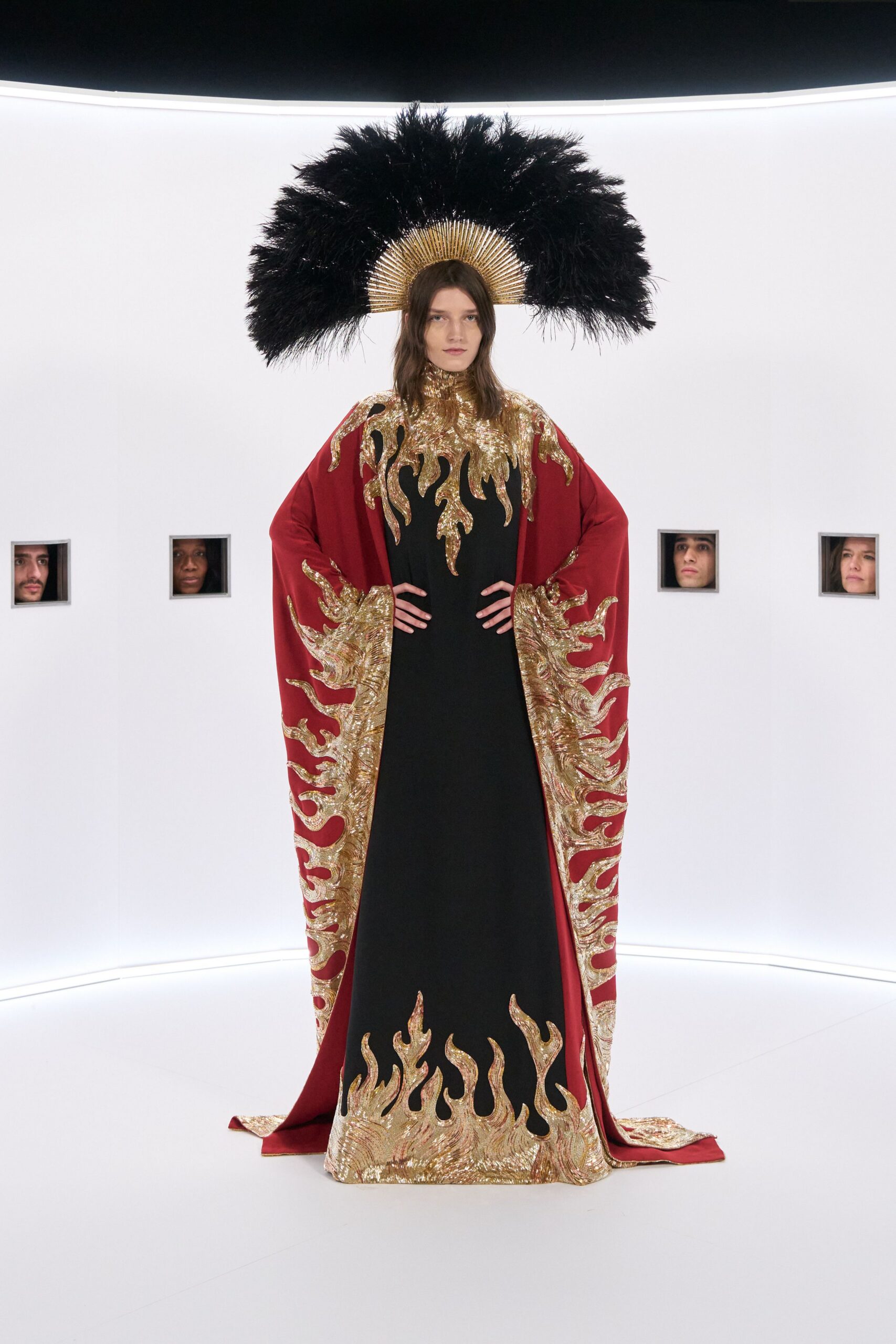 black silk long-sleeve v-neck fitted embroidered layered gown
