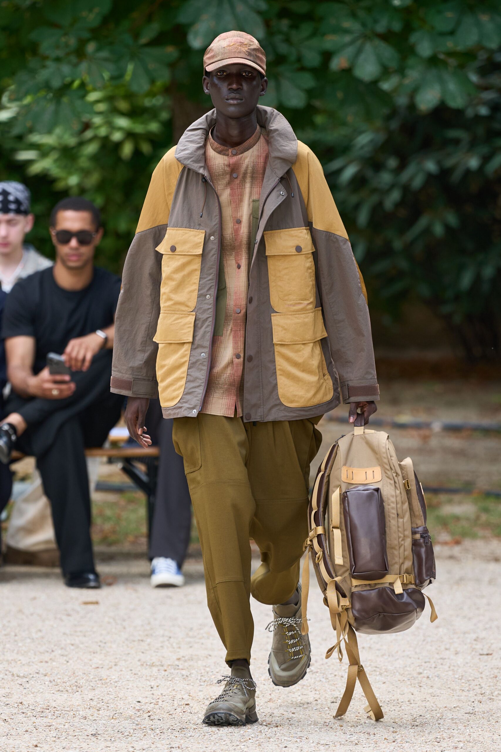 brown relaxed jacket with green pants