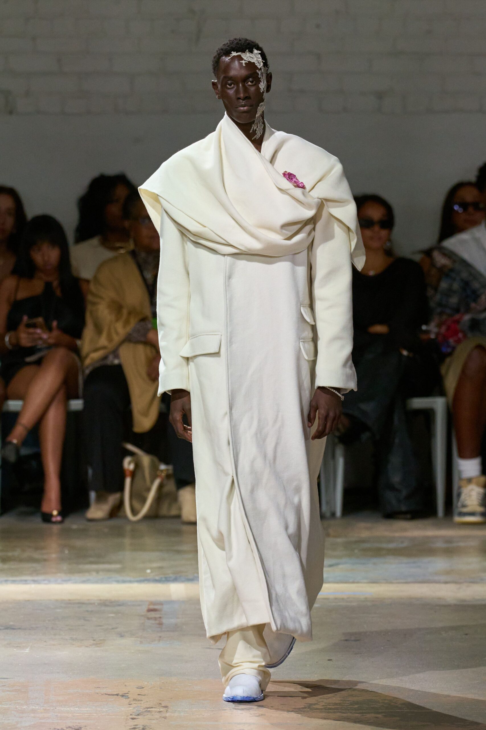 white cotton long-sleeve collared relaxed draped maxi gown