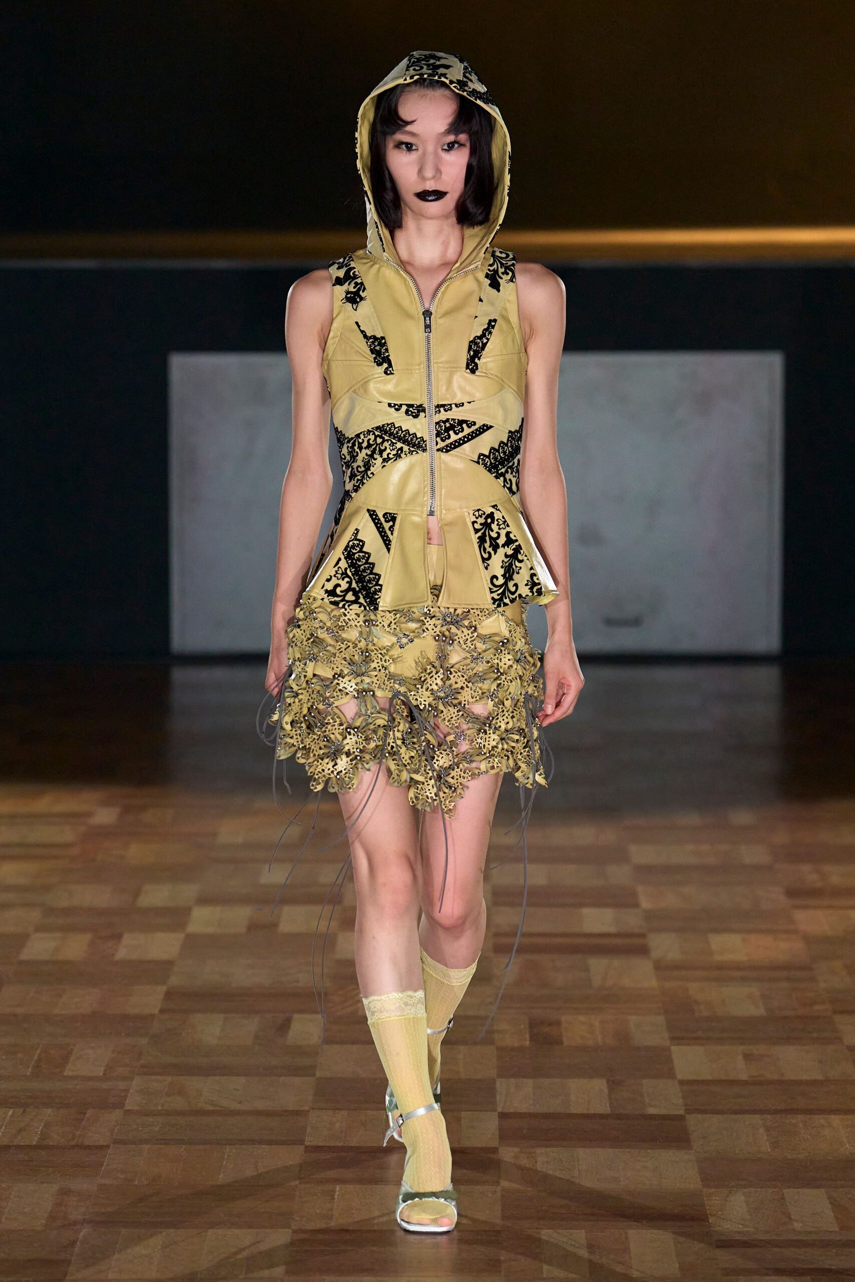 yellow cotton sleeveless hooded fitted embroidered layered dress