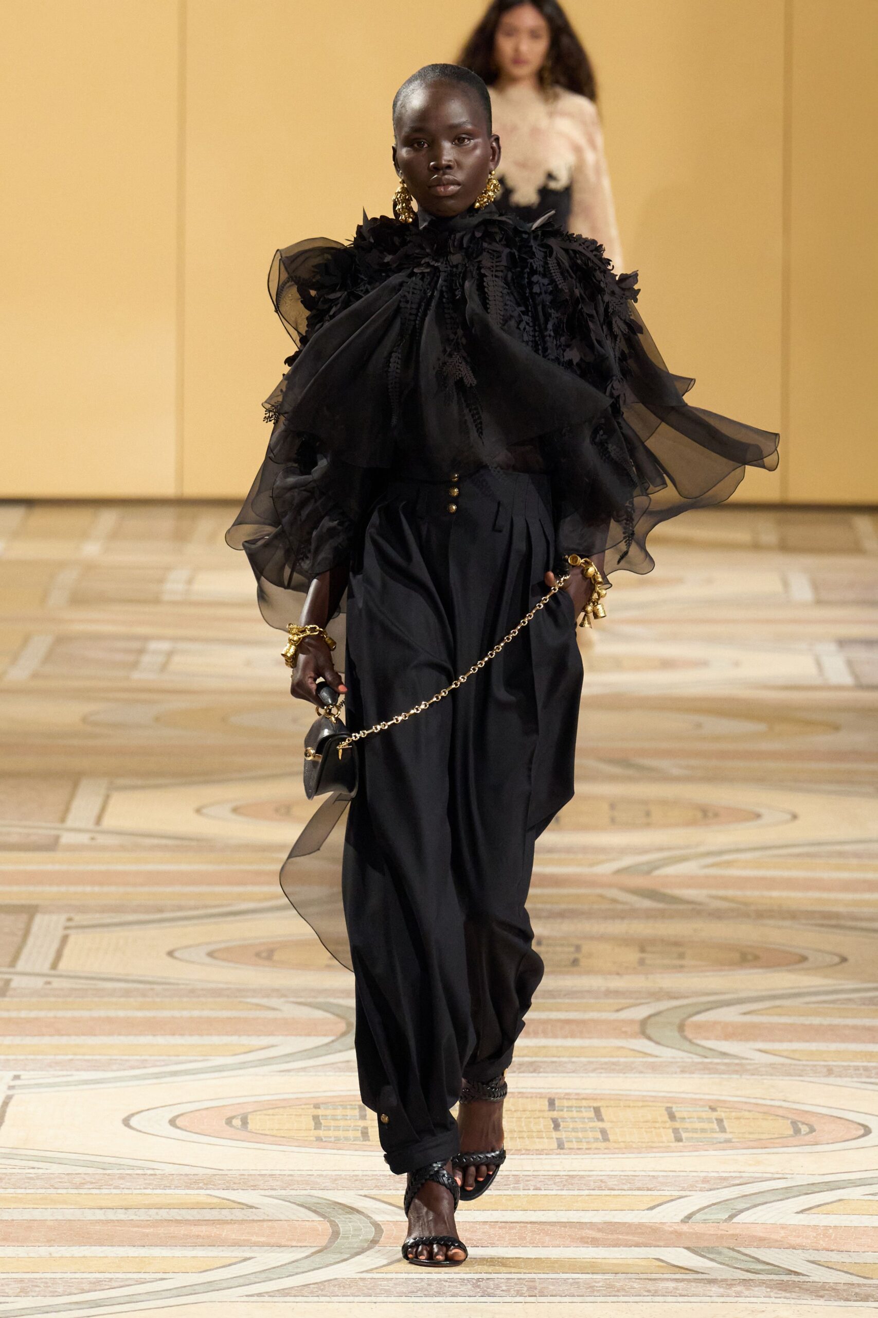 black chiffon long-sleeve high-neck relaxed ruffled flowing blouse