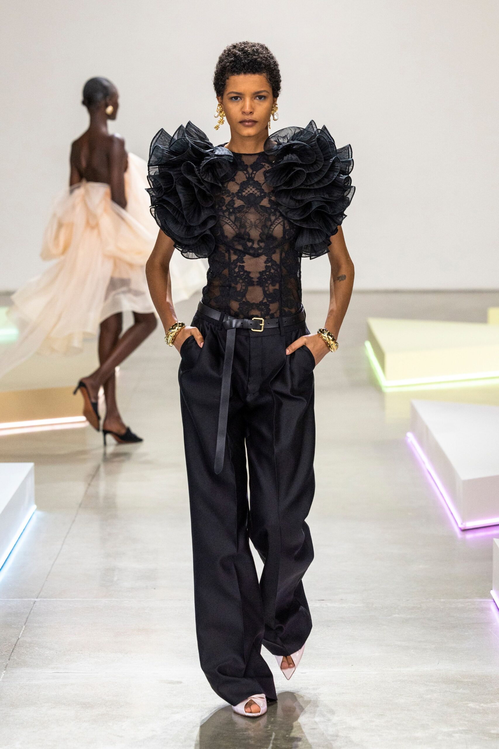 black lace short-sleeve high-neck fitted ruffled top