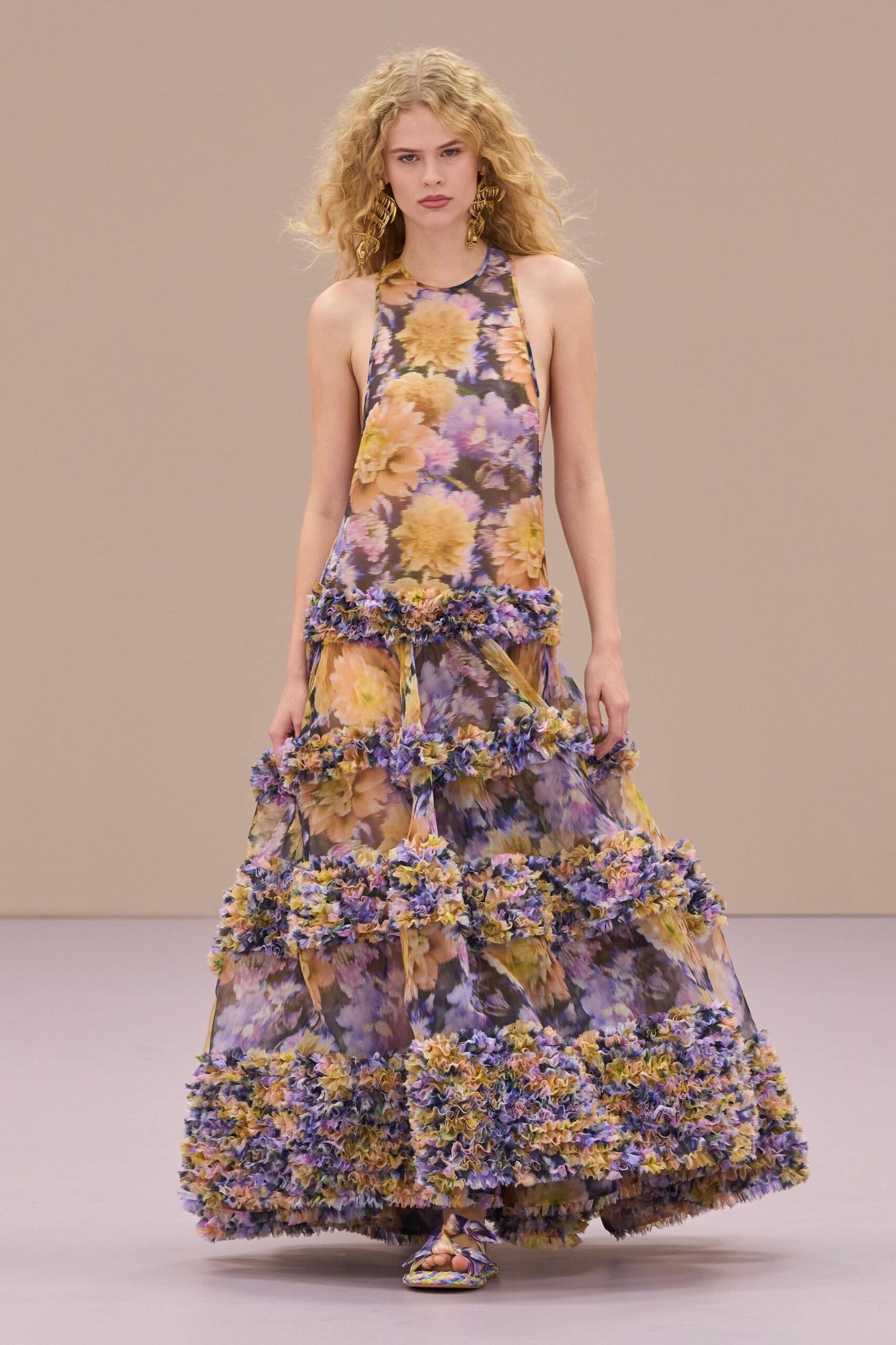 purple chiffon sleeveless high-neck fitted floral flared gown