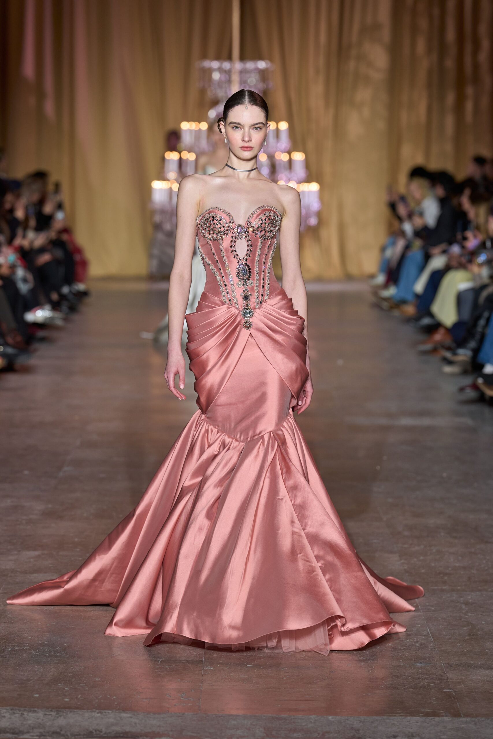 fitted strapless pink satin gown