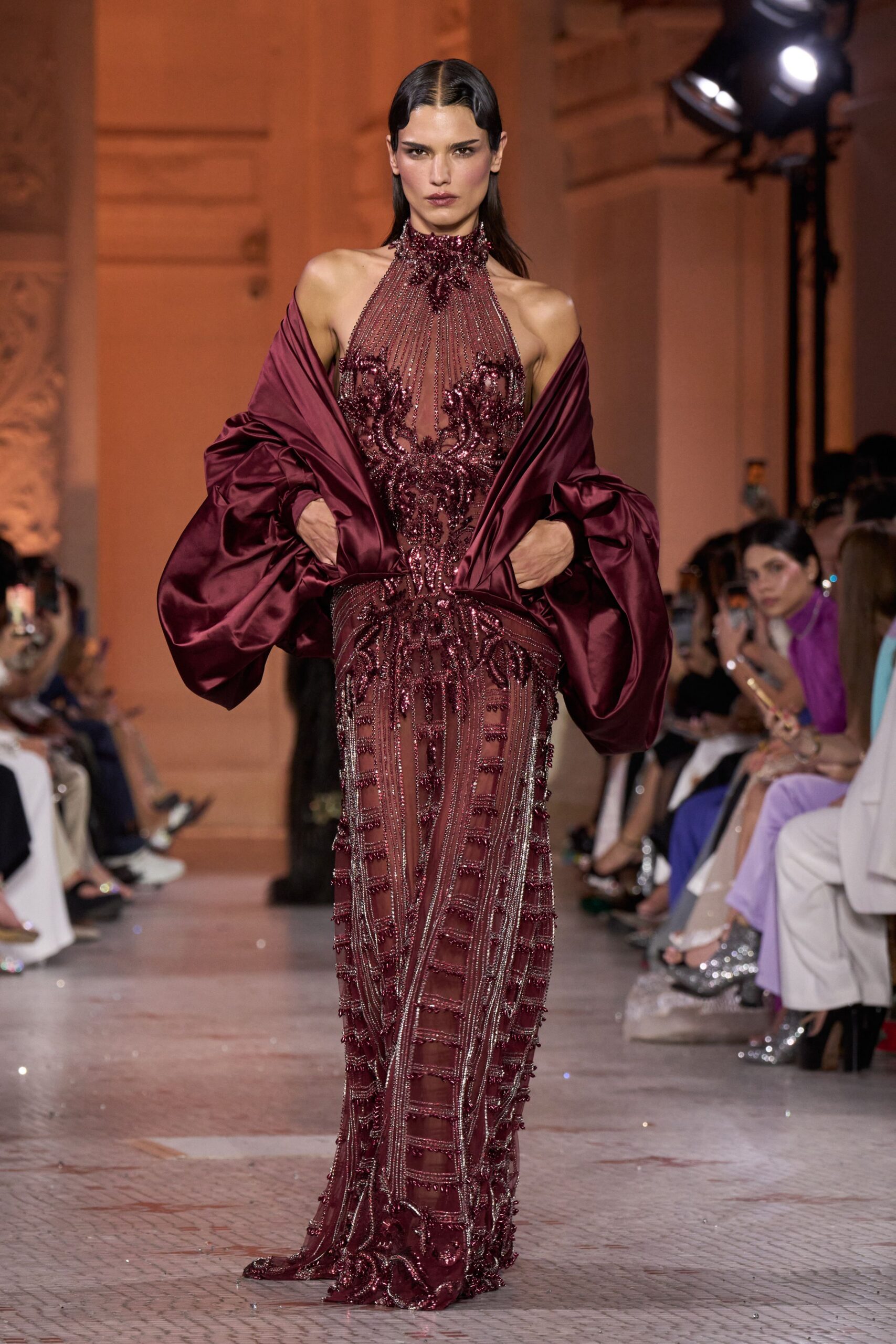 maroon silk beaded gown with shawl