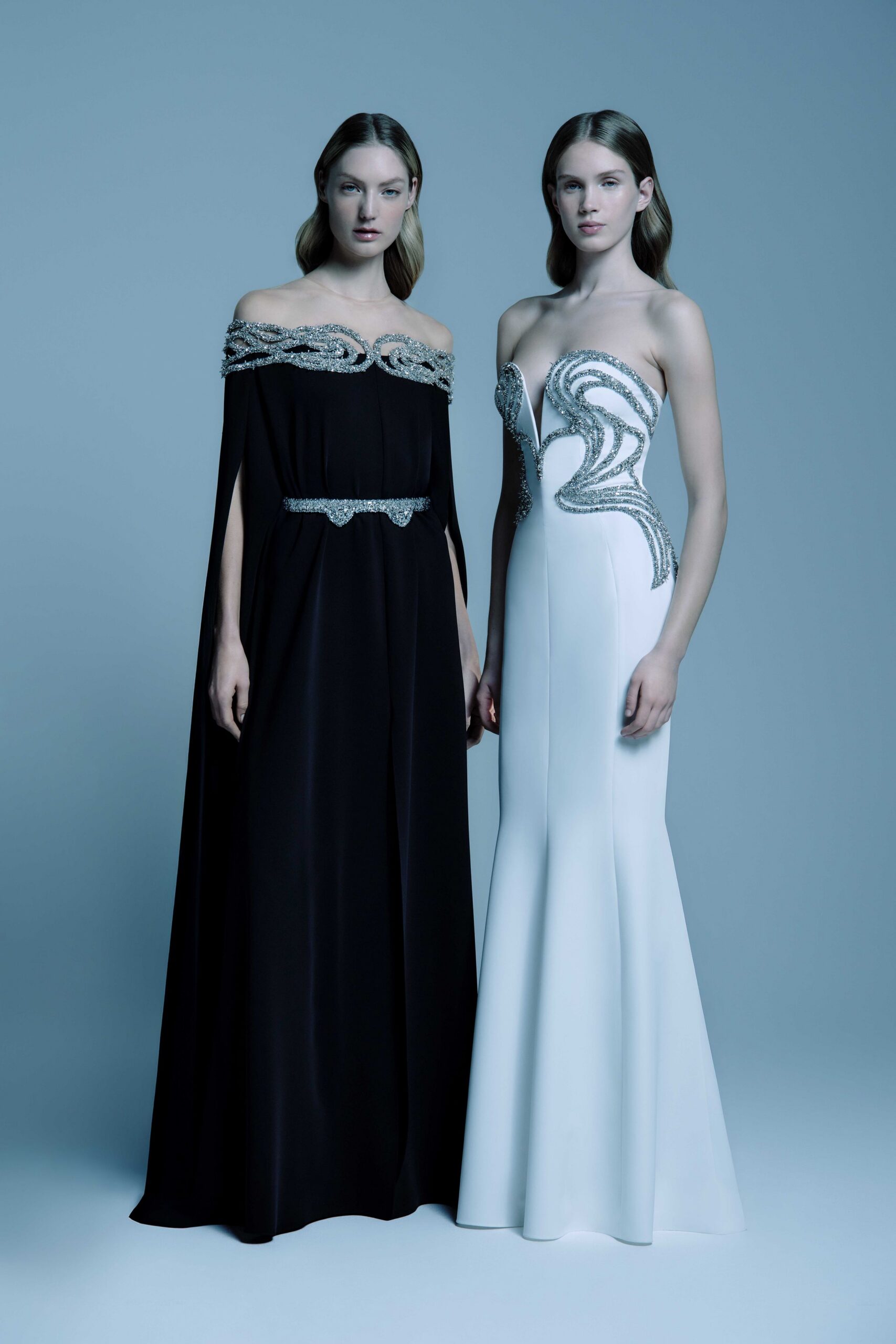black and white embellished gowns