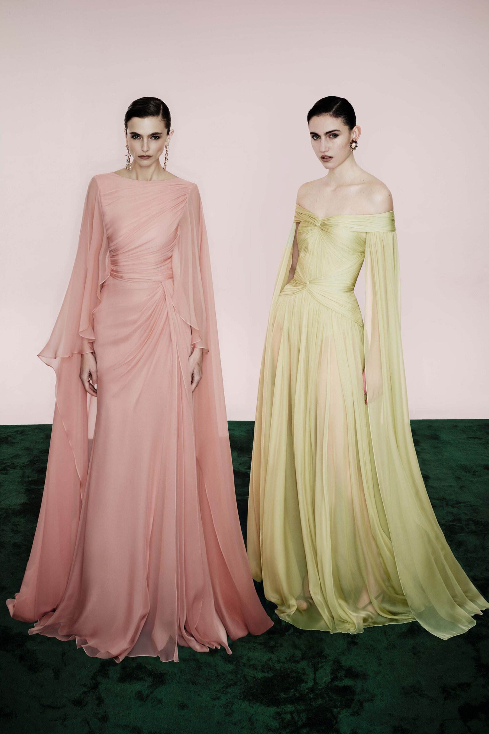 yellow chiffon off-shoulder fitted draped flowing maxi gown