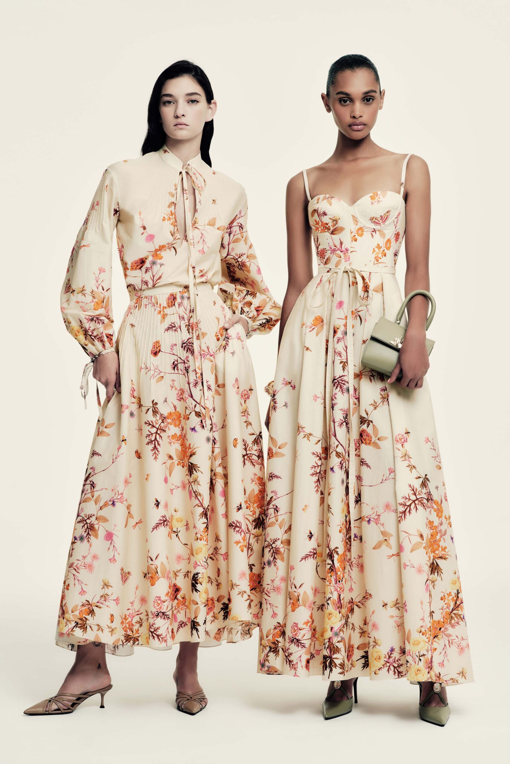 beige cotton fitted high-waisted floral flared maxi skirt