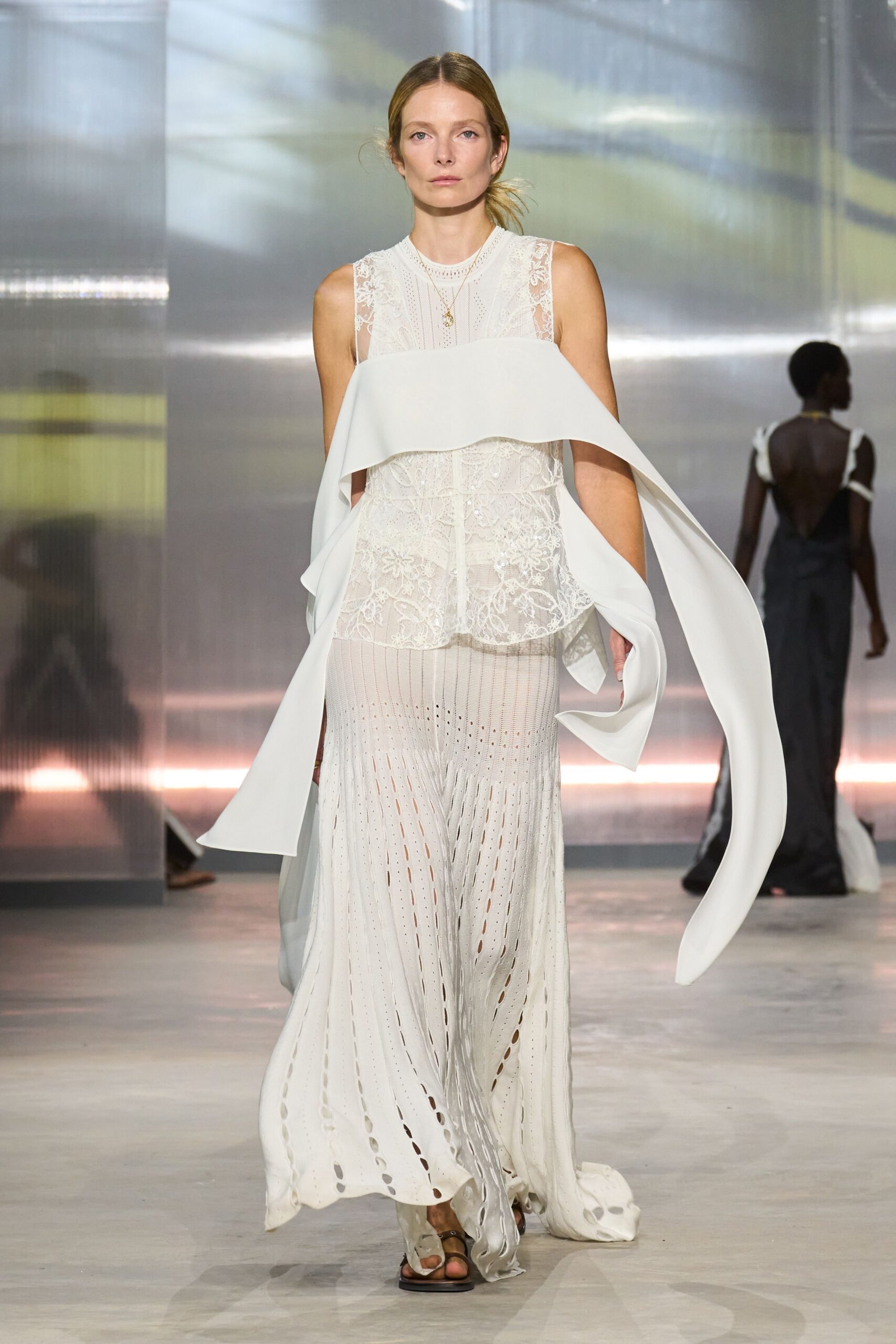 white layered maxi dress with gold shoes