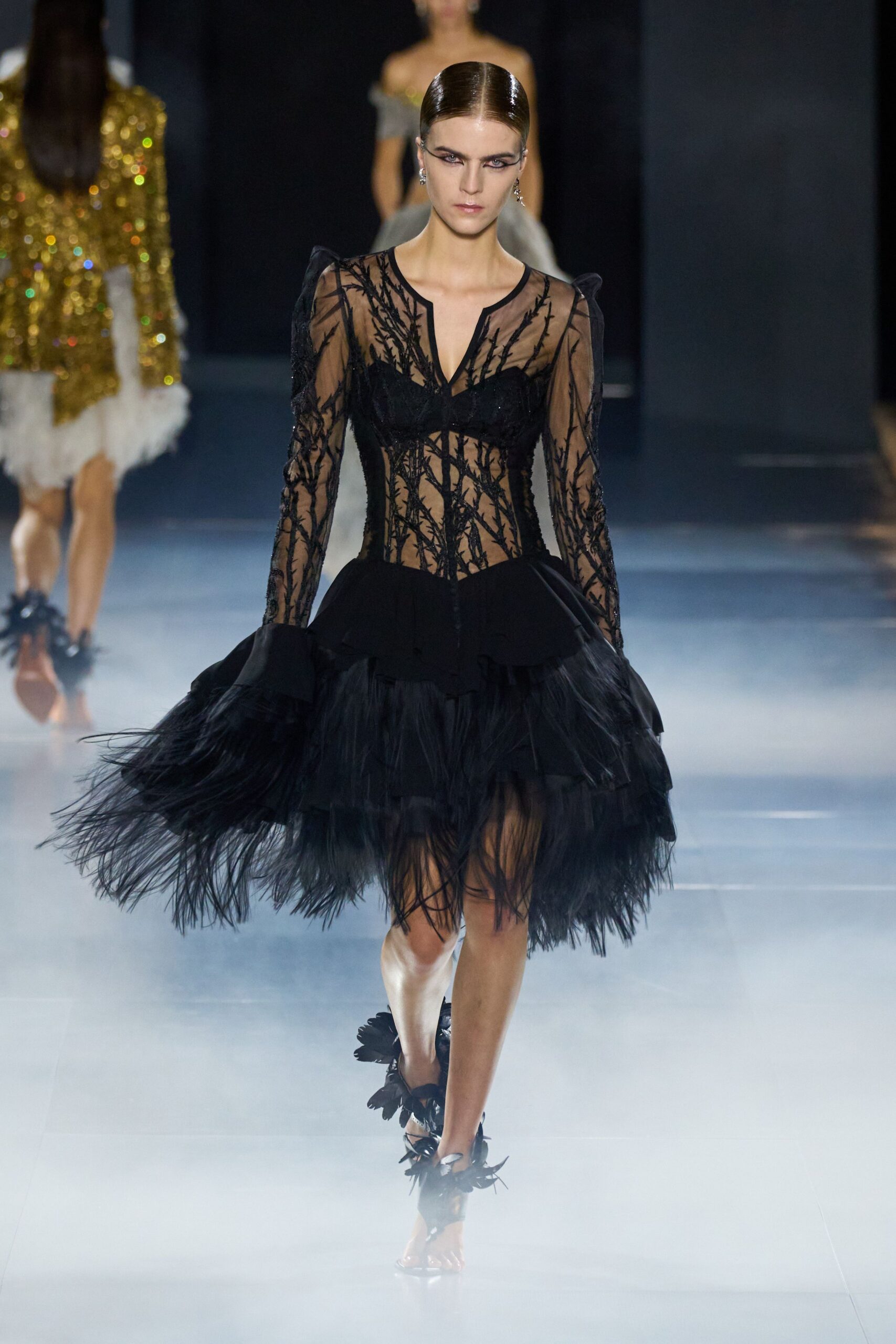 black lace long-sleeve v-neck fitted pleated ruffled dress