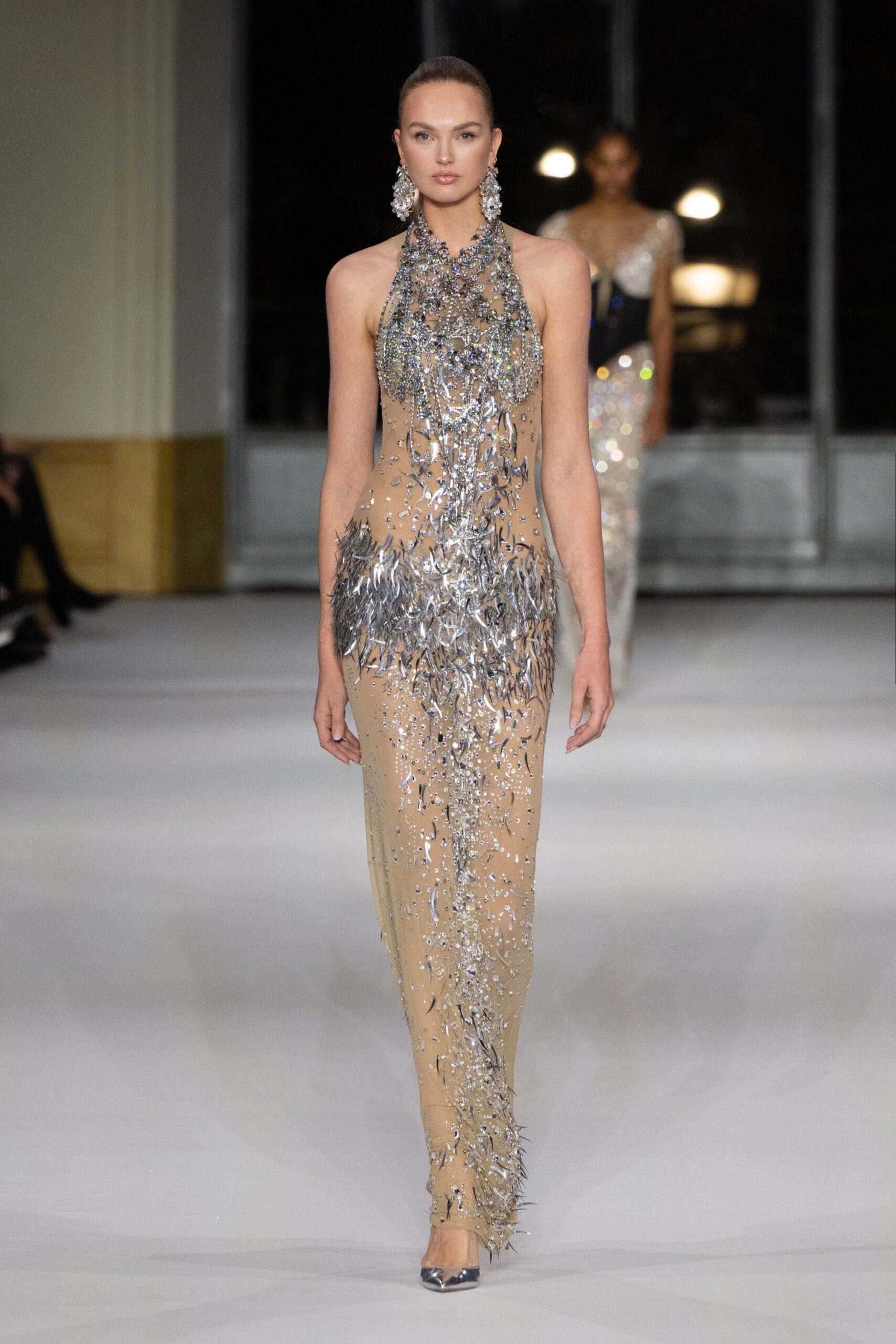 beige silk sleeveless high-neck fitted sequined embellished gown