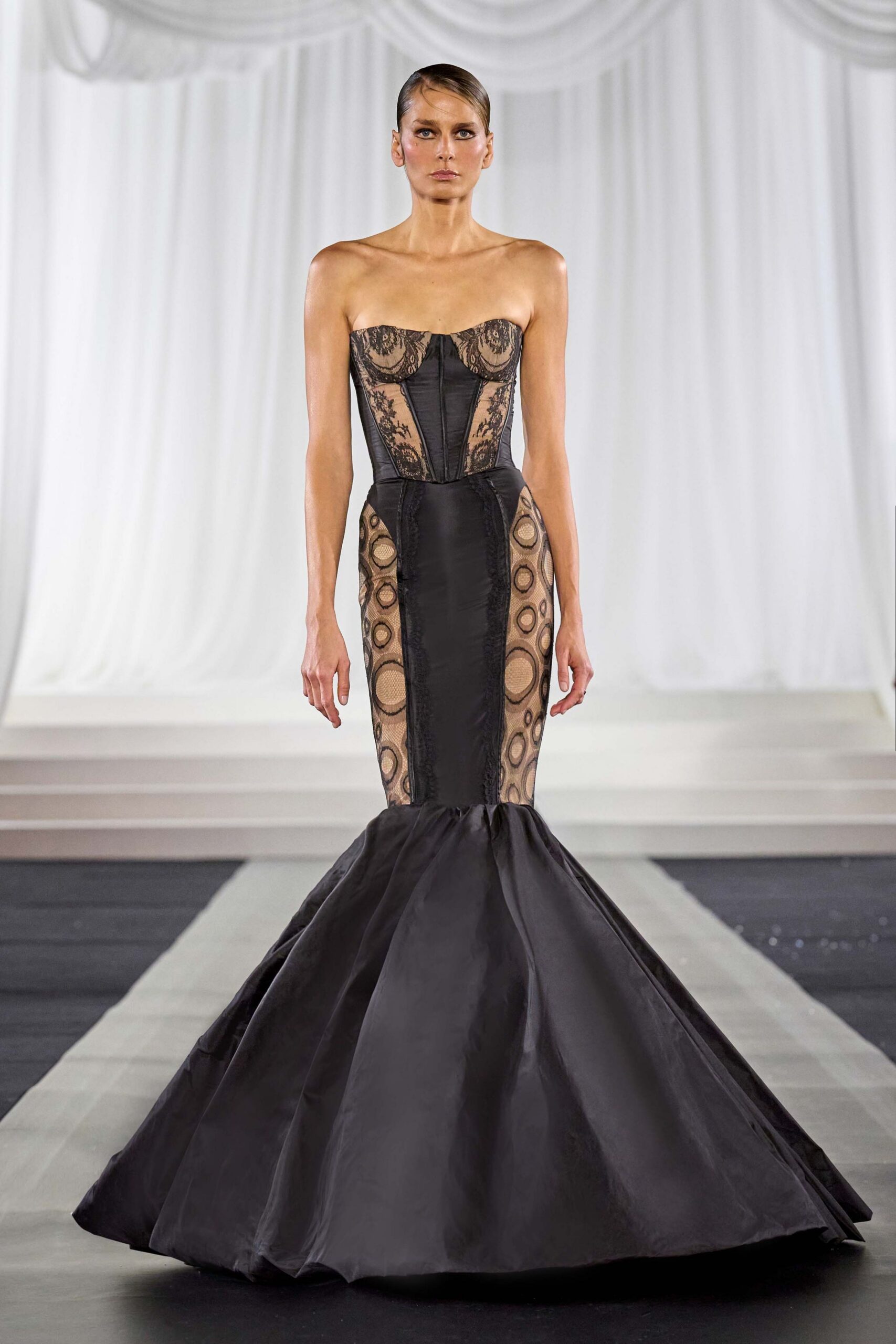 black strapless embroidered gown