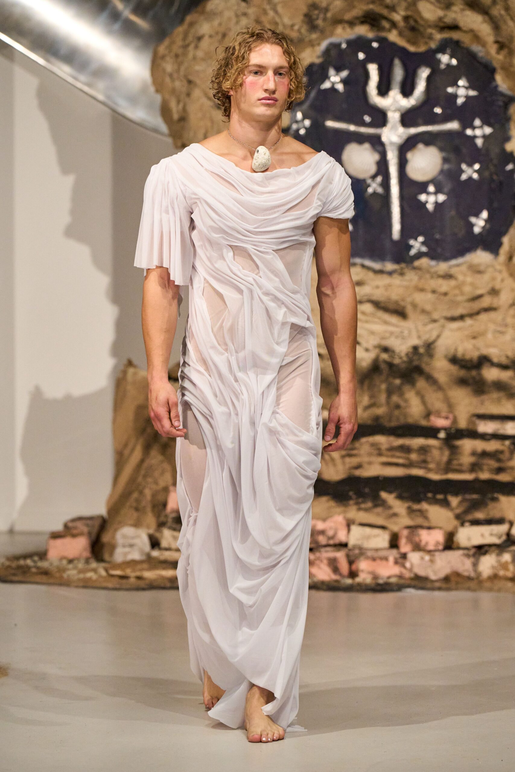 white sheer draped dress
