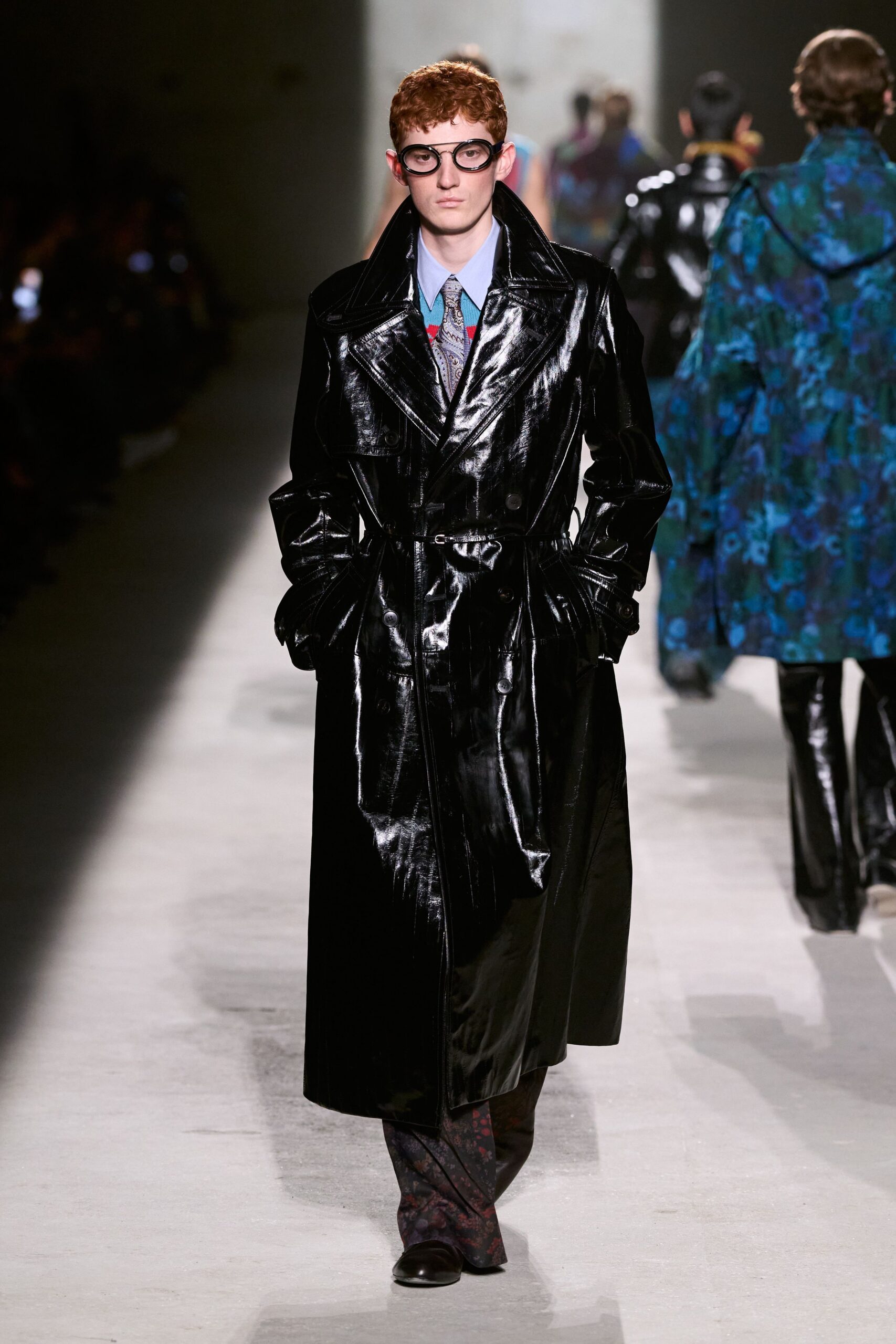 black vinyl long-sleeve collared fitted zippered shiny trench