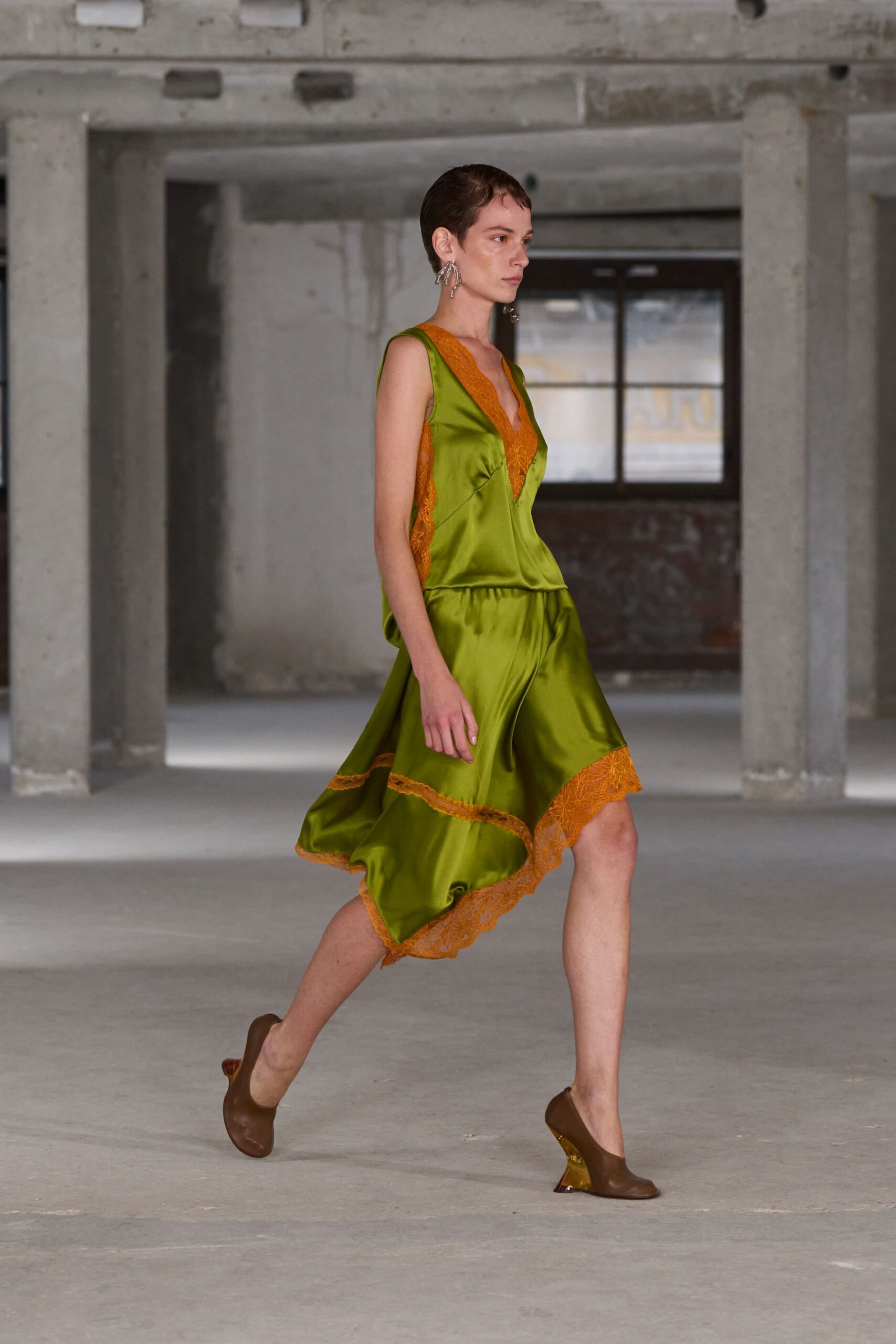green silk midi dress with orange details