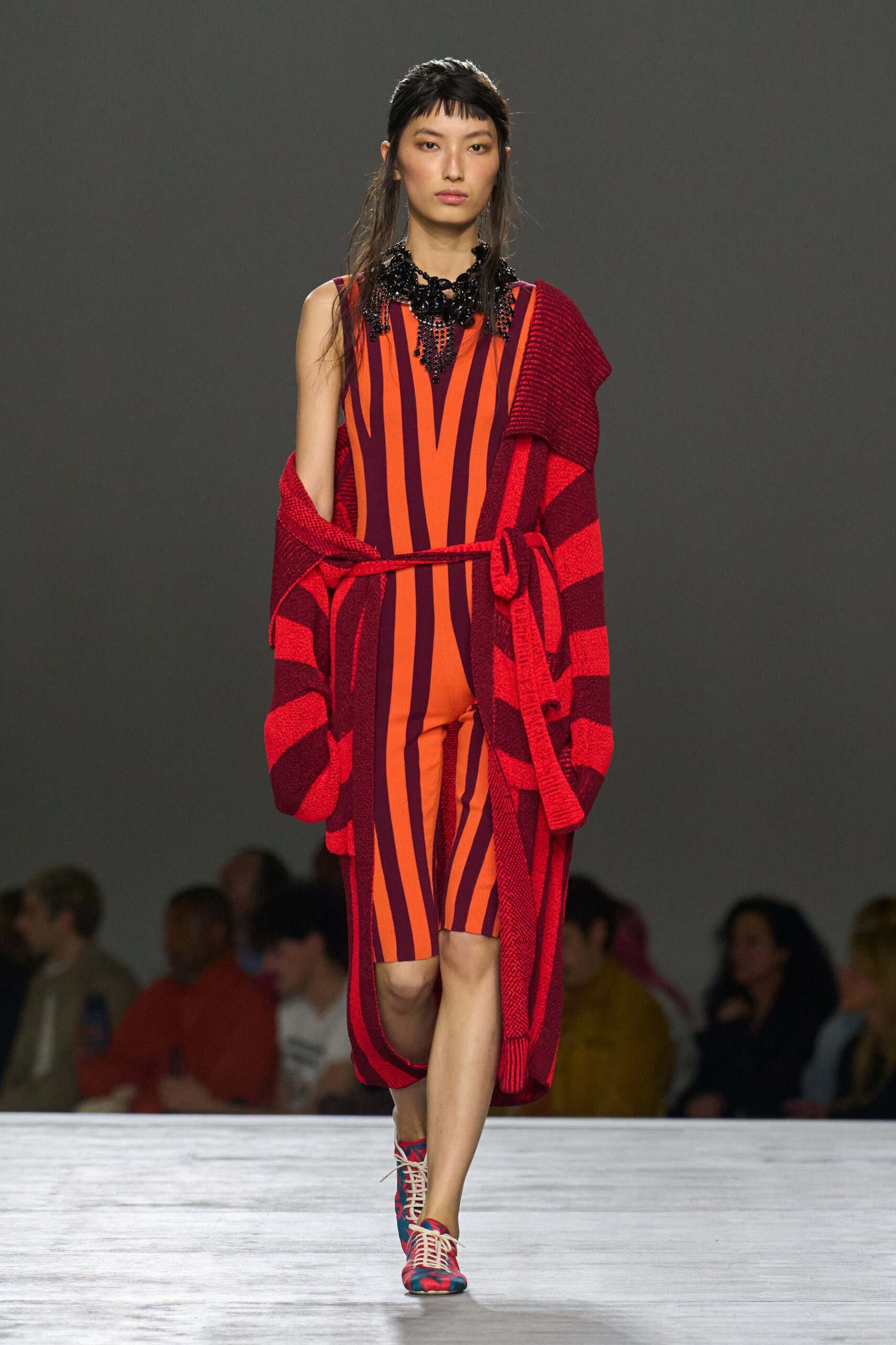 red knit long-sleeve relaxed striped cardigan