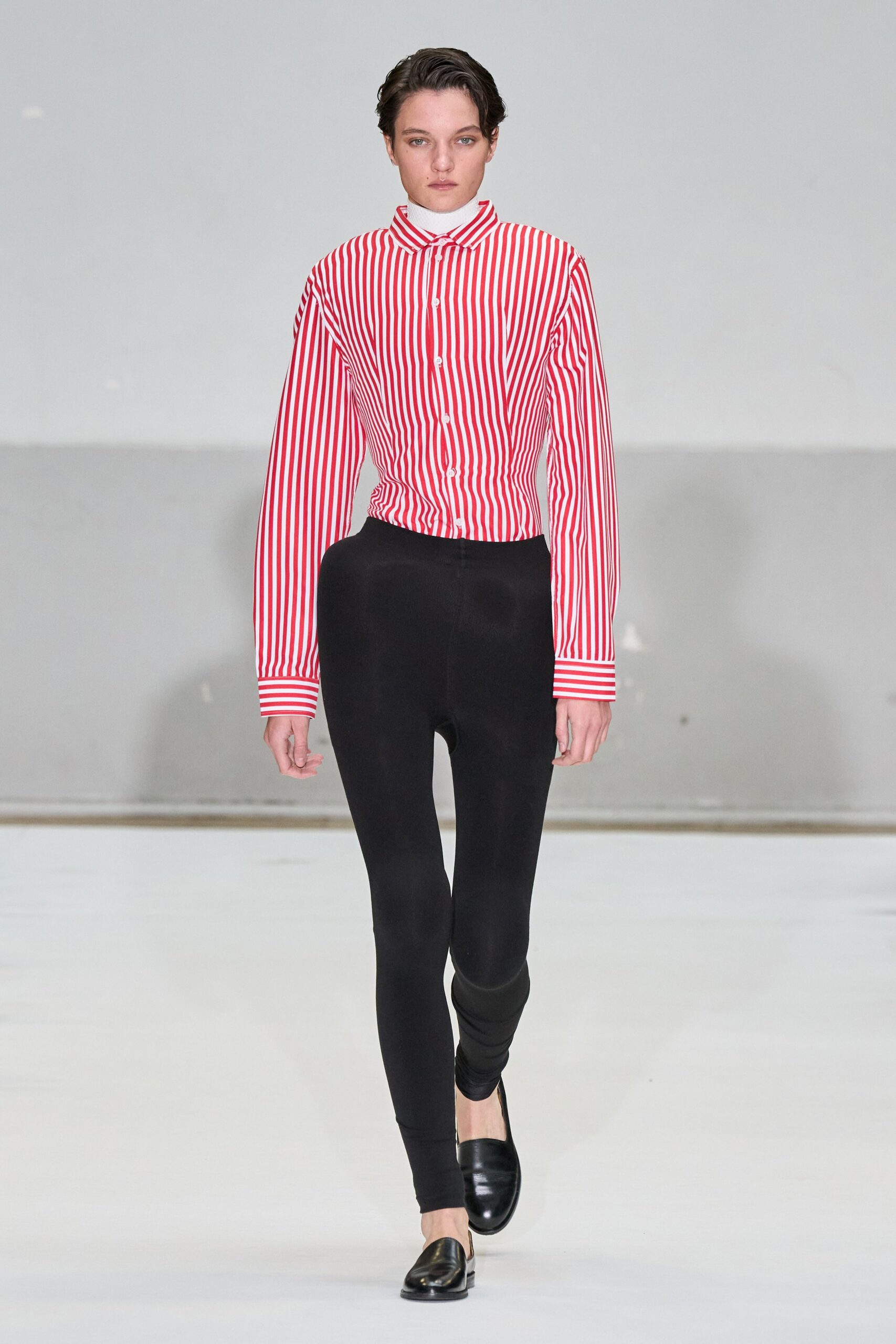 red and white striped shirt with black leggings