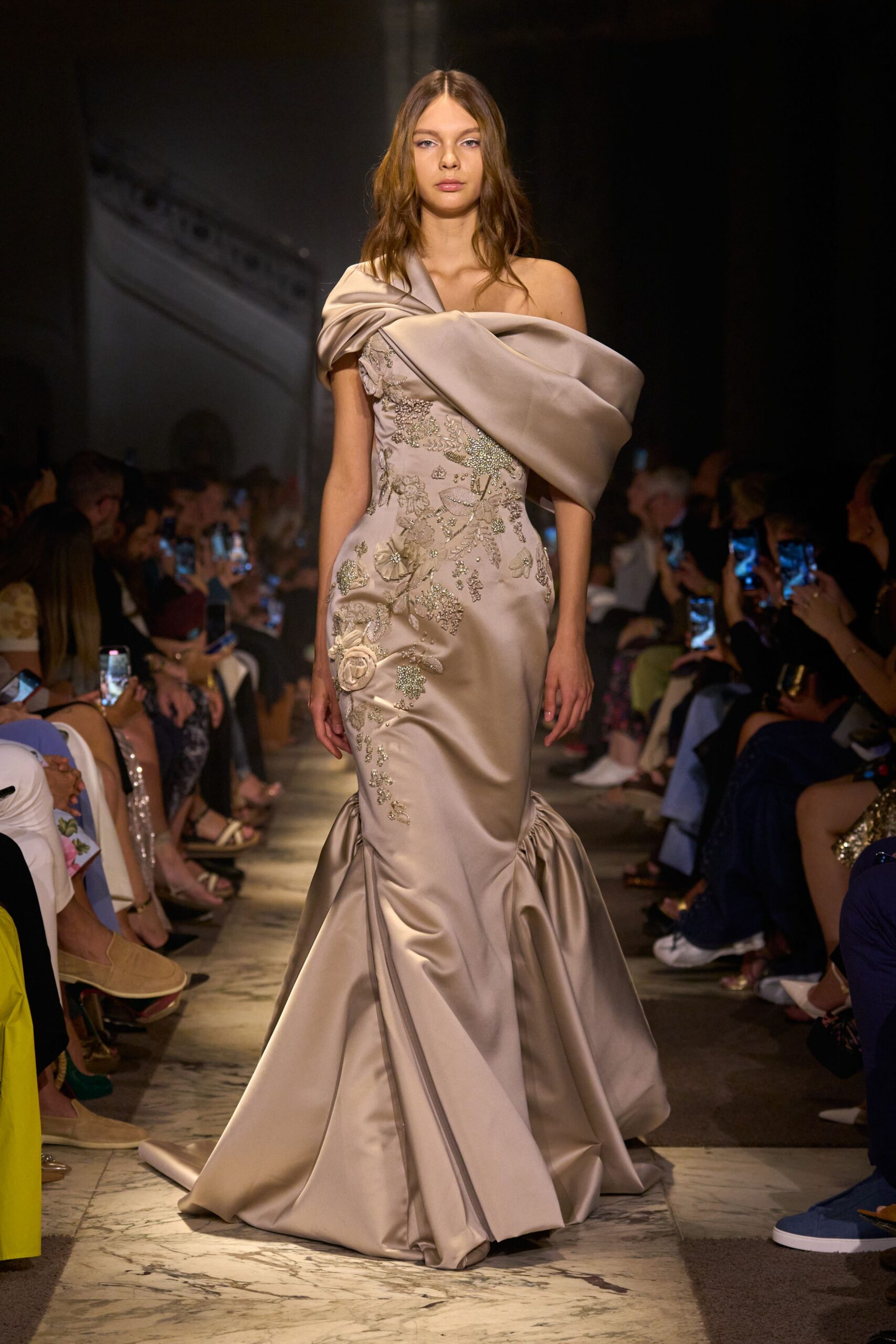 beige silk off-shoulder gown