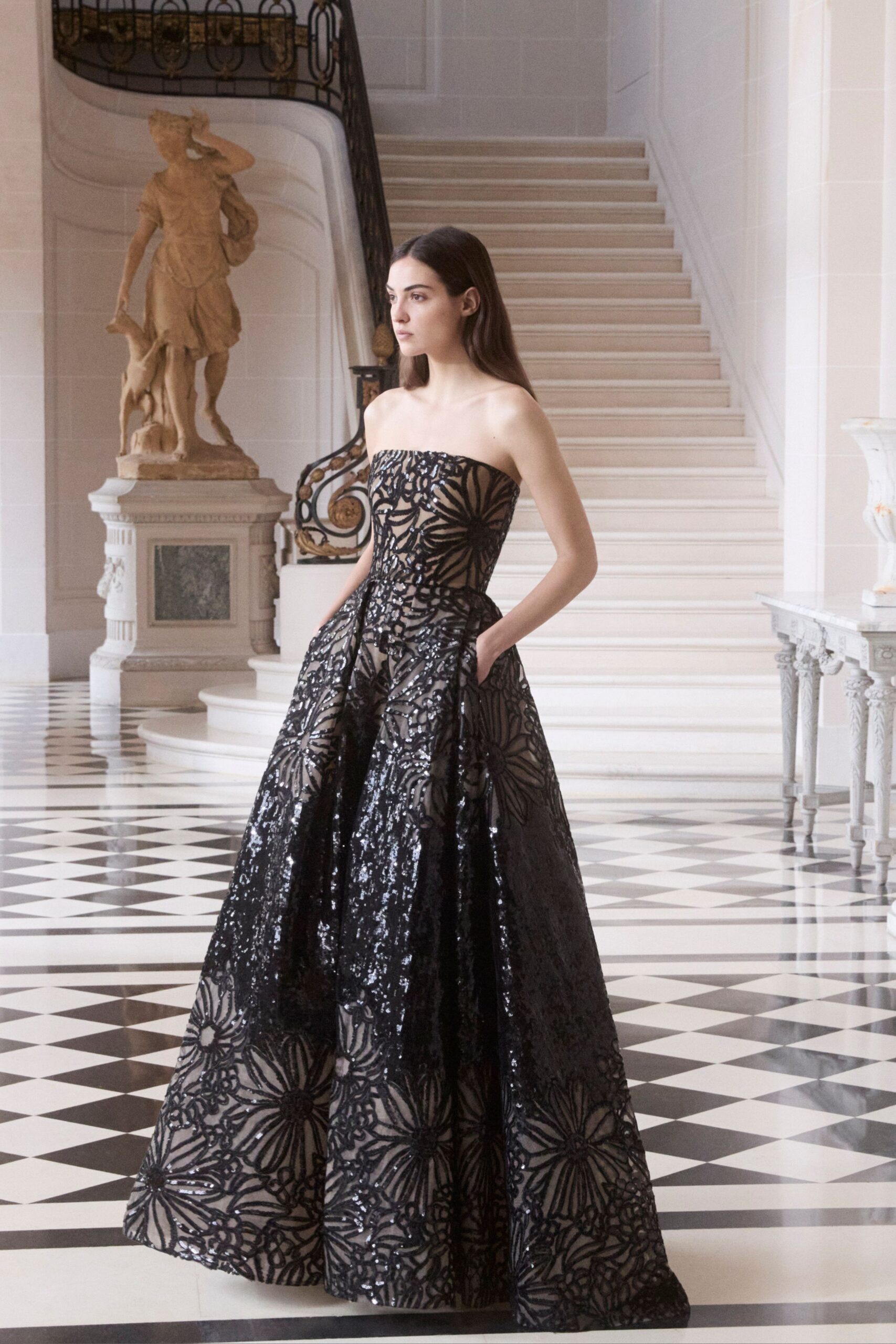 black sequin strapless gown