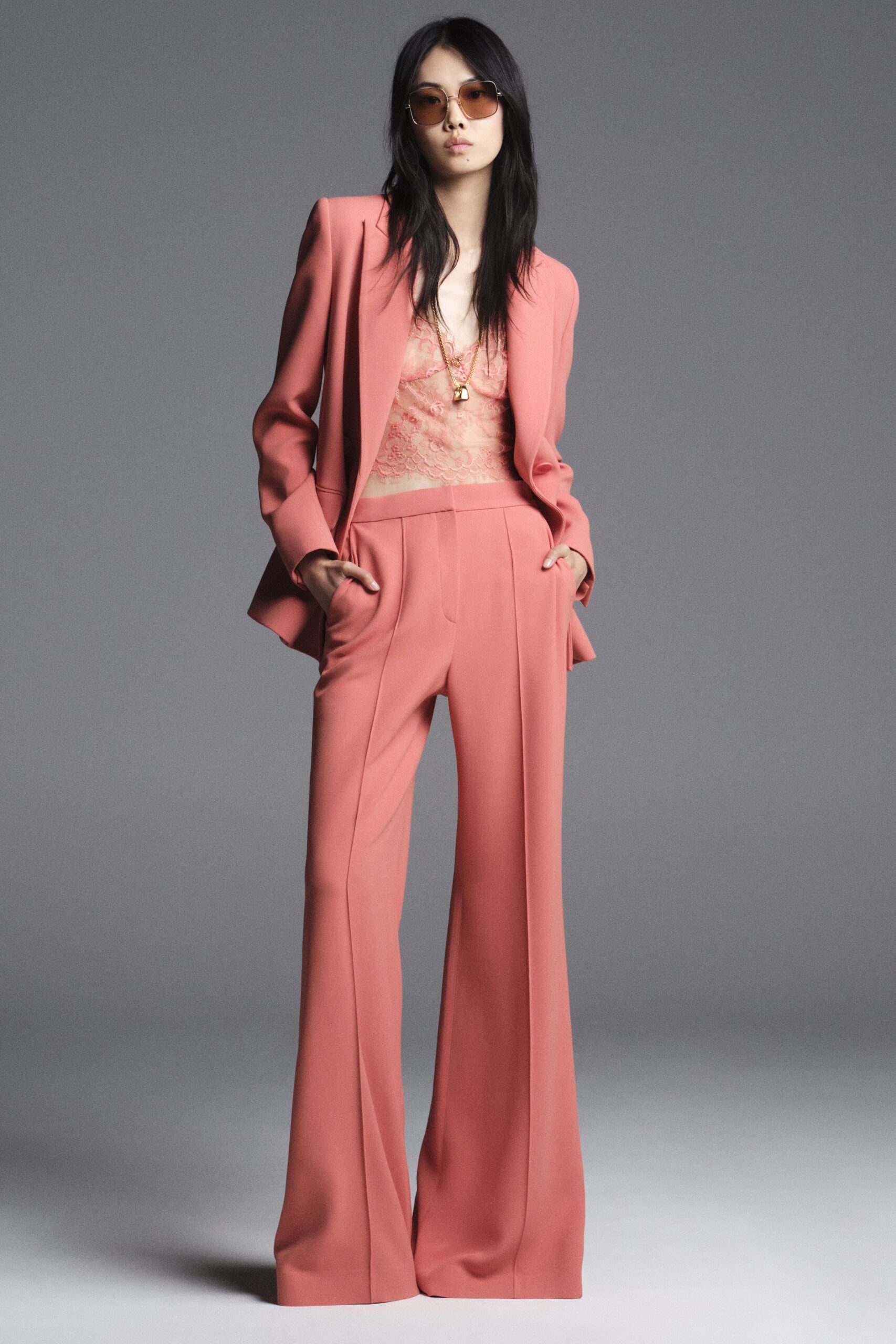 pink tailored flared pants