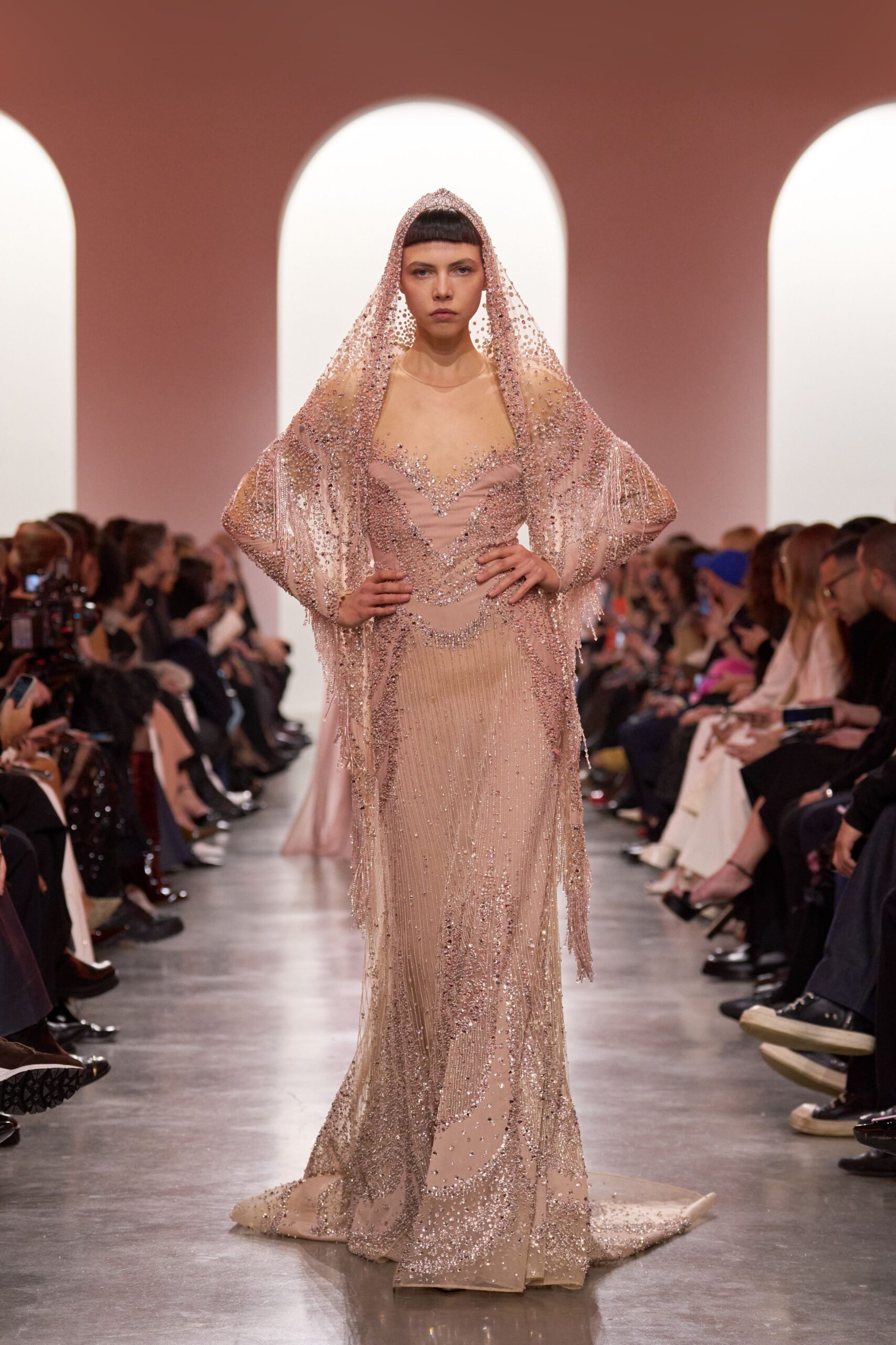 beige beaded sleeveless gown