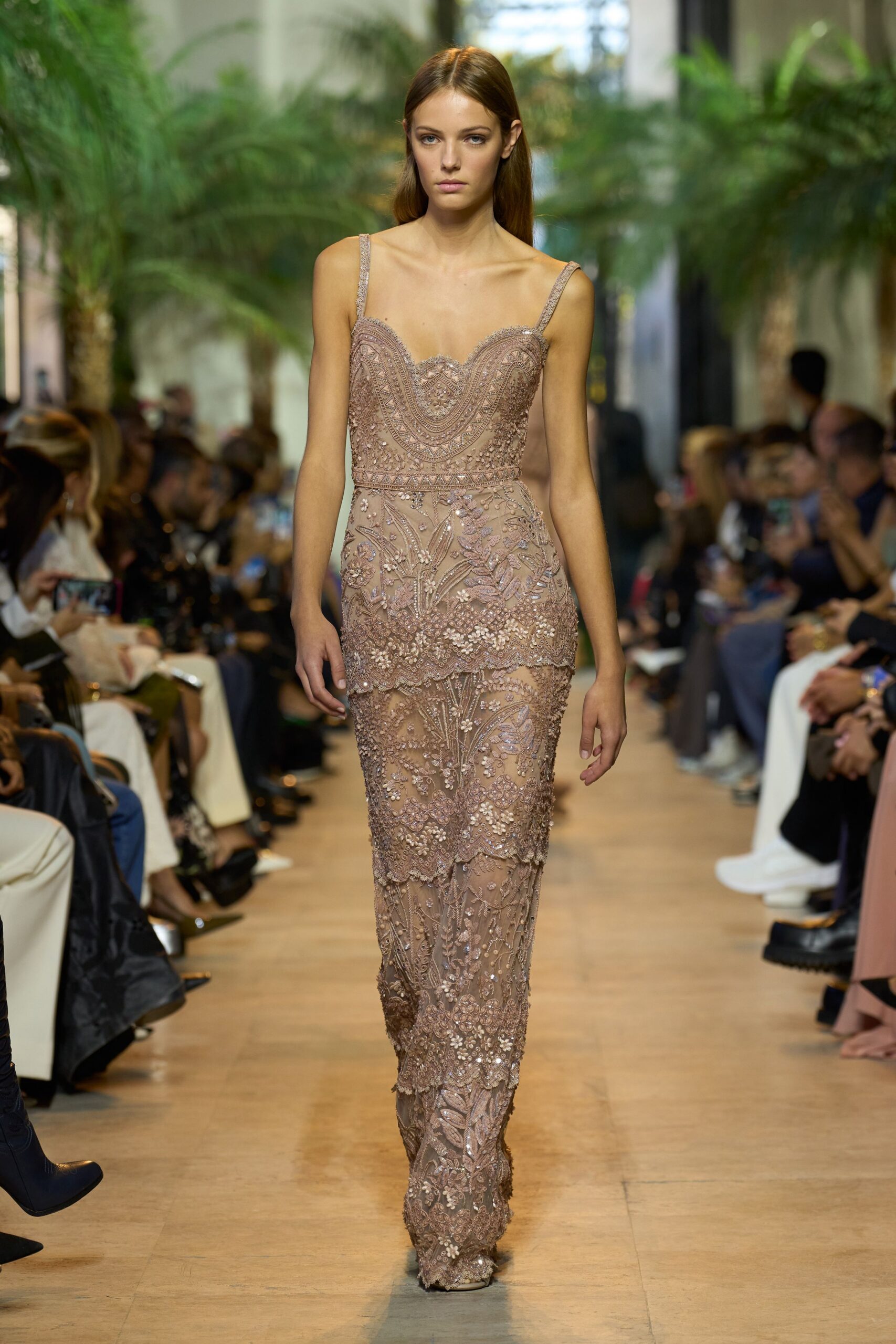 beige embroidered sleeveless gown