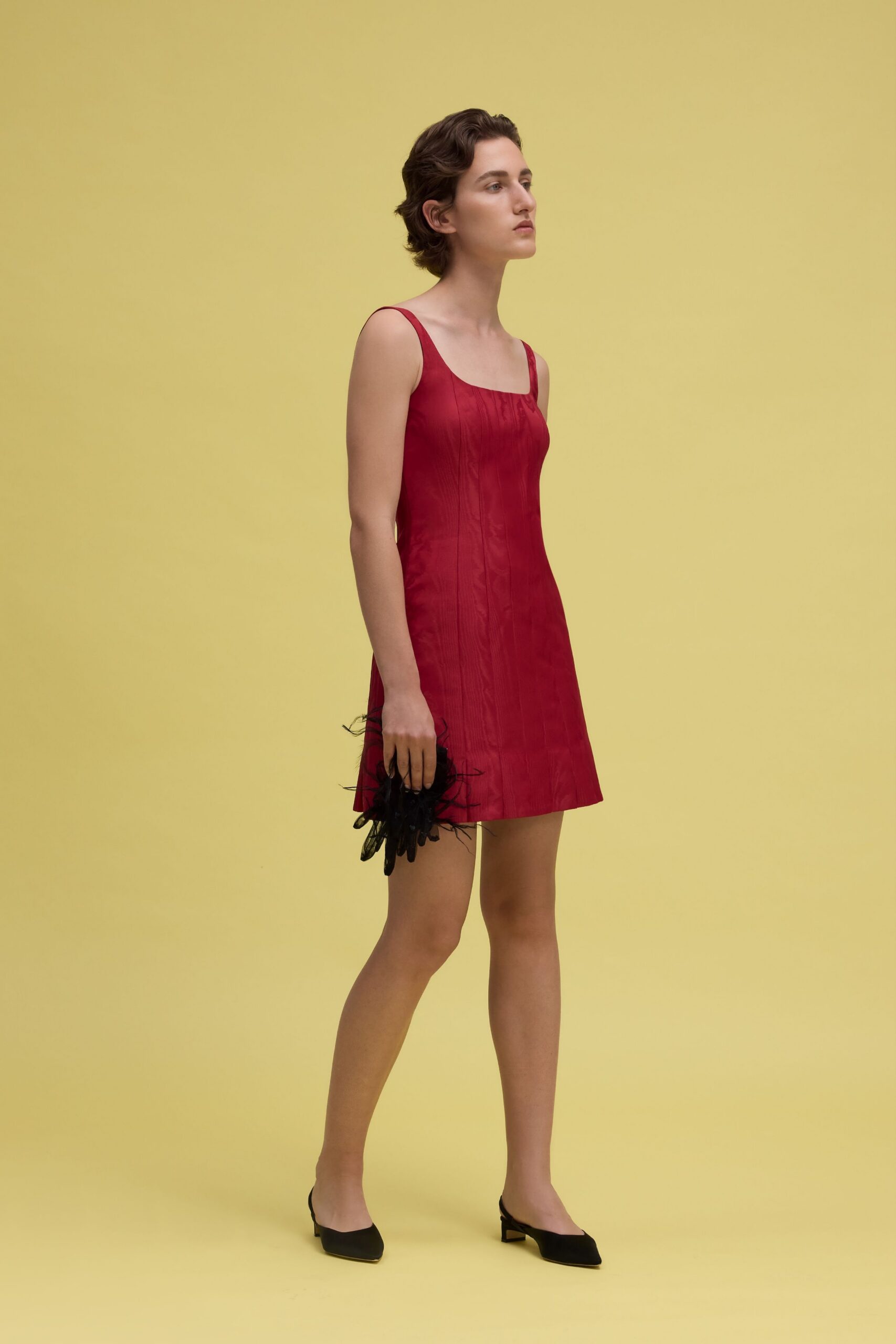 red silk sleeveless square-neck fitted pleated mini mini-dress