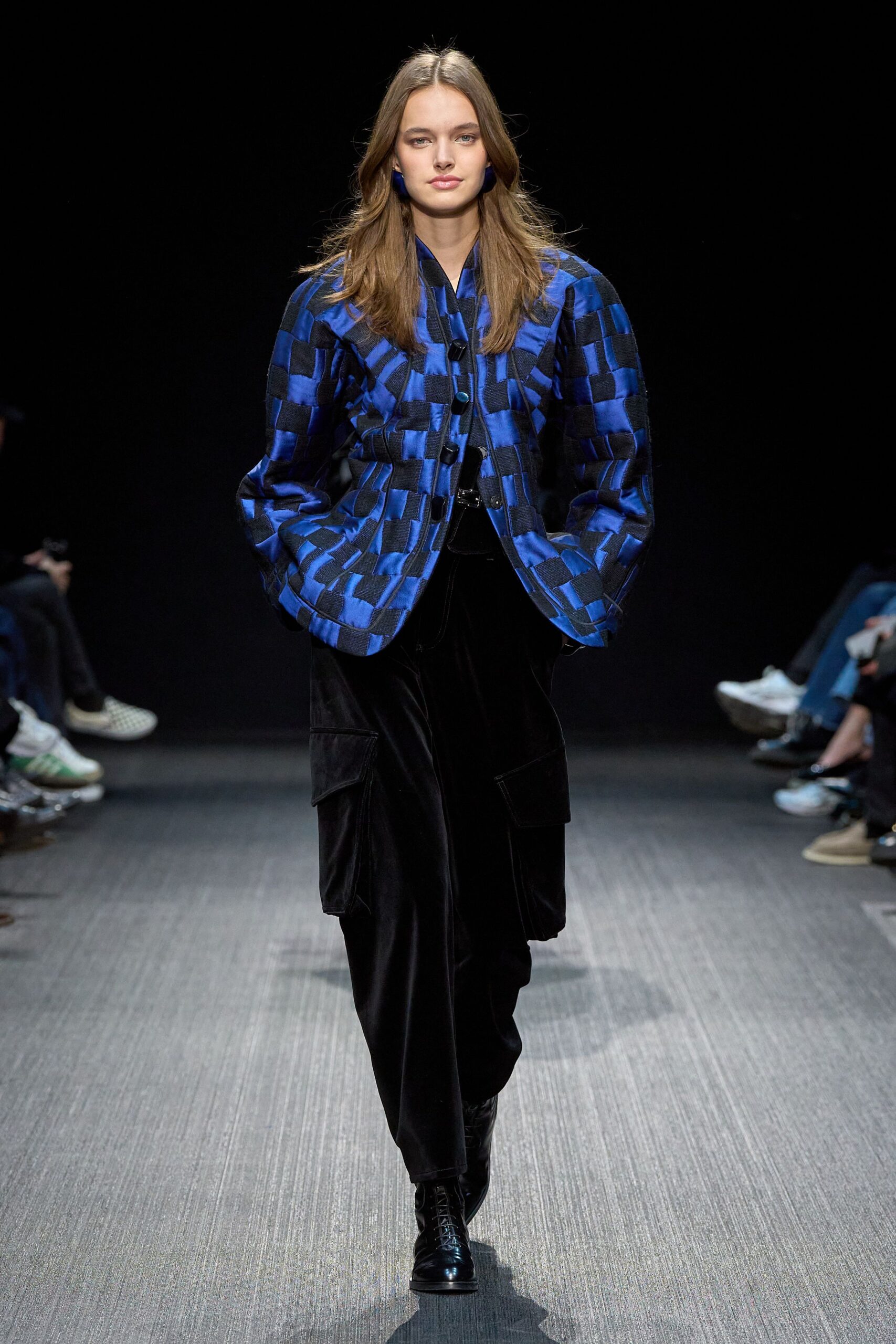 blue checked jacket with black pants