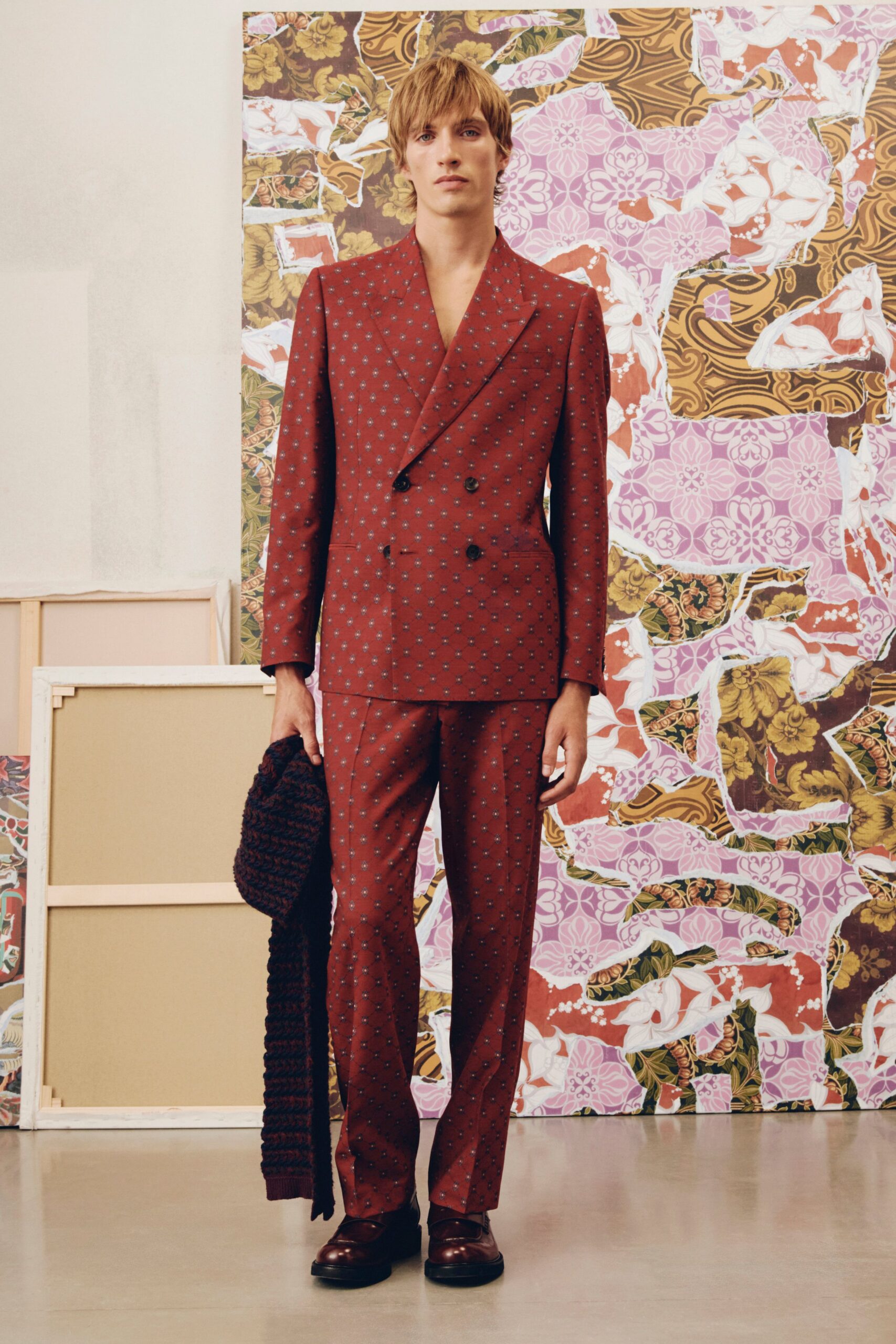 red cotton long-sleeve collared tailored polka-dot suit