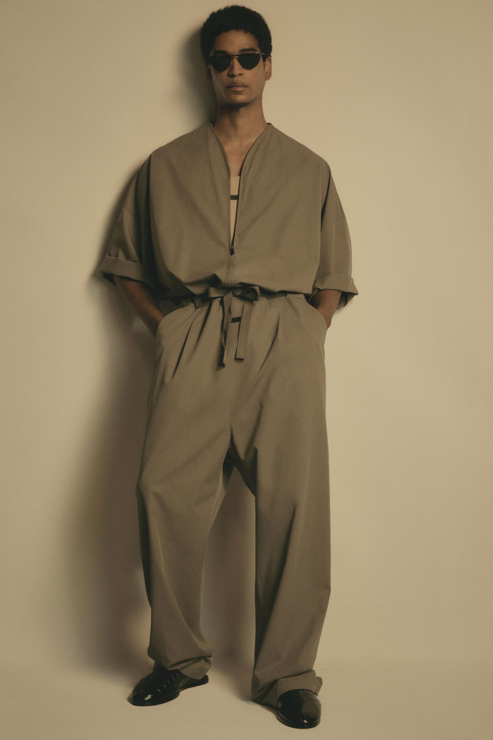 beige cotton short-sleeve v-neck relaxed belted jumpsuit