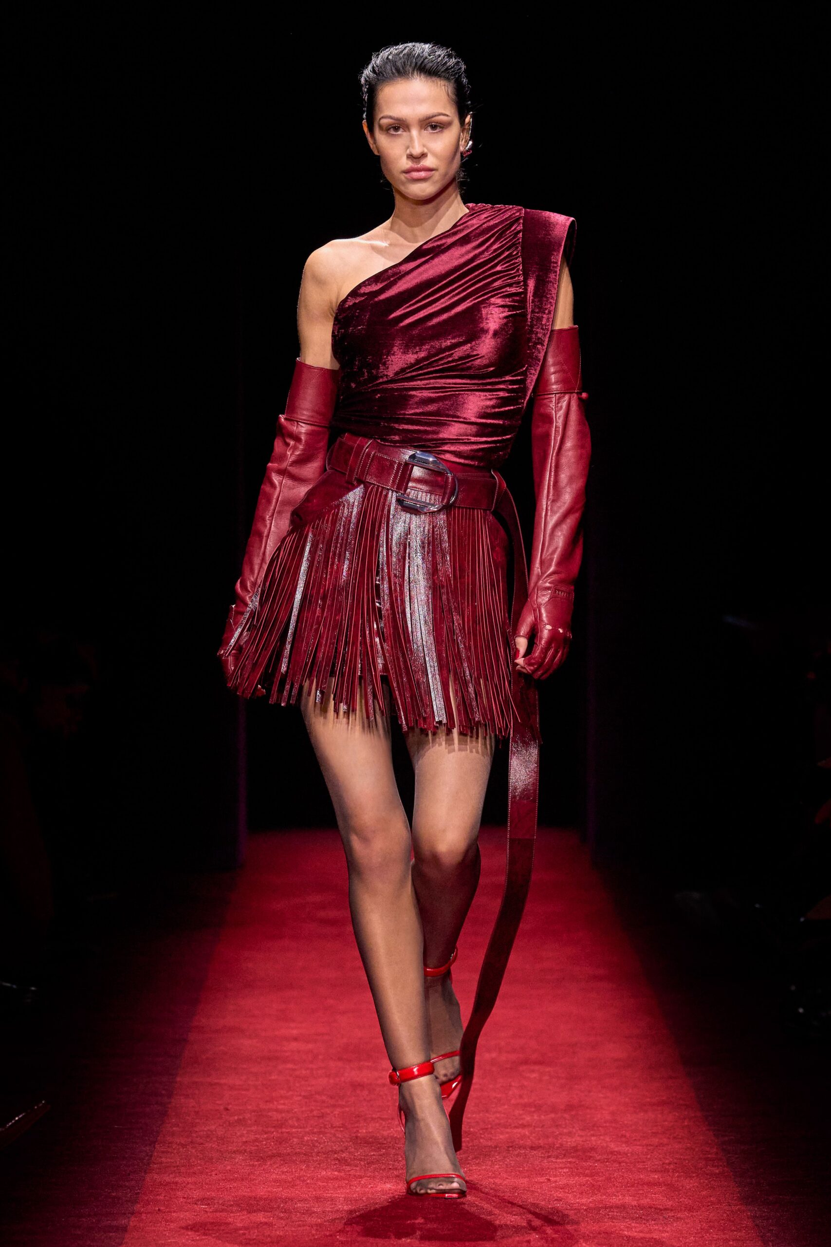 red velvet sleeveless off-shoulder fitted fringed shiny dress
