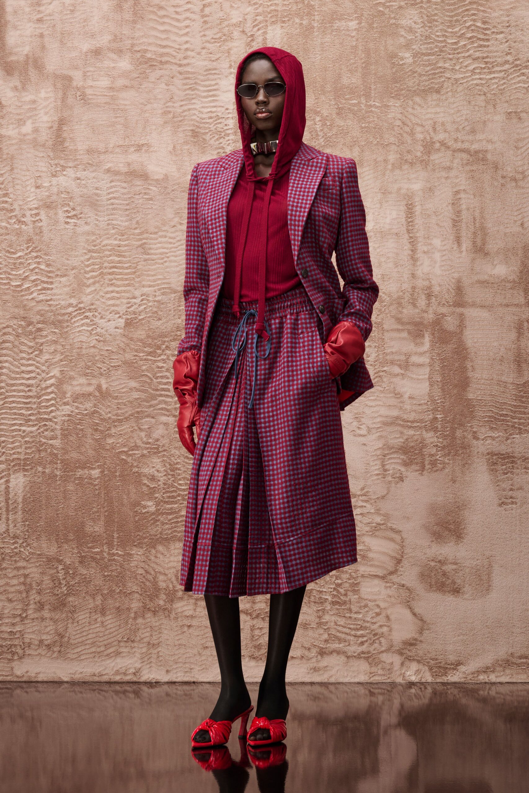 red and blue checked blazer outfit