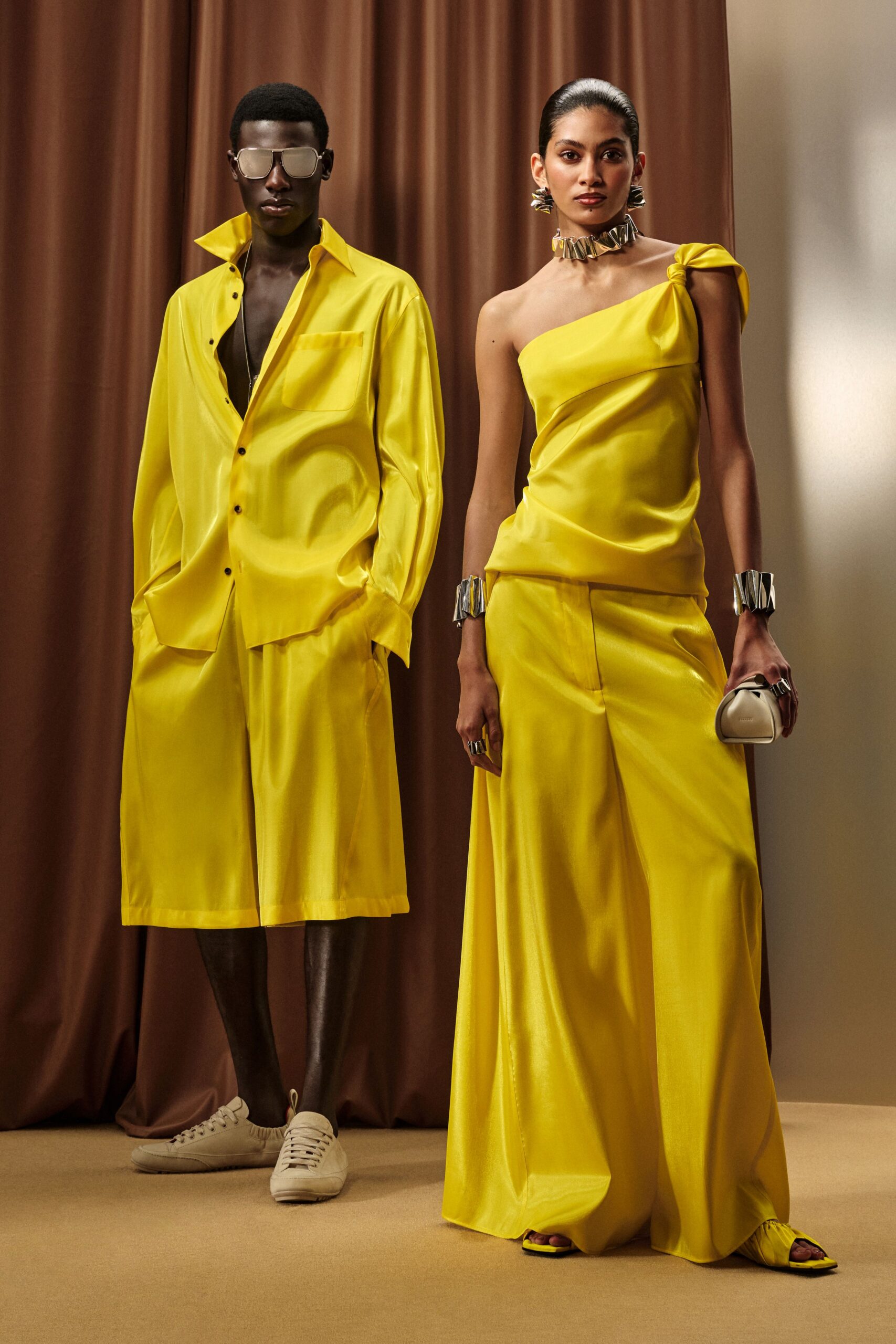 yellow silk off-shoulder fitted top