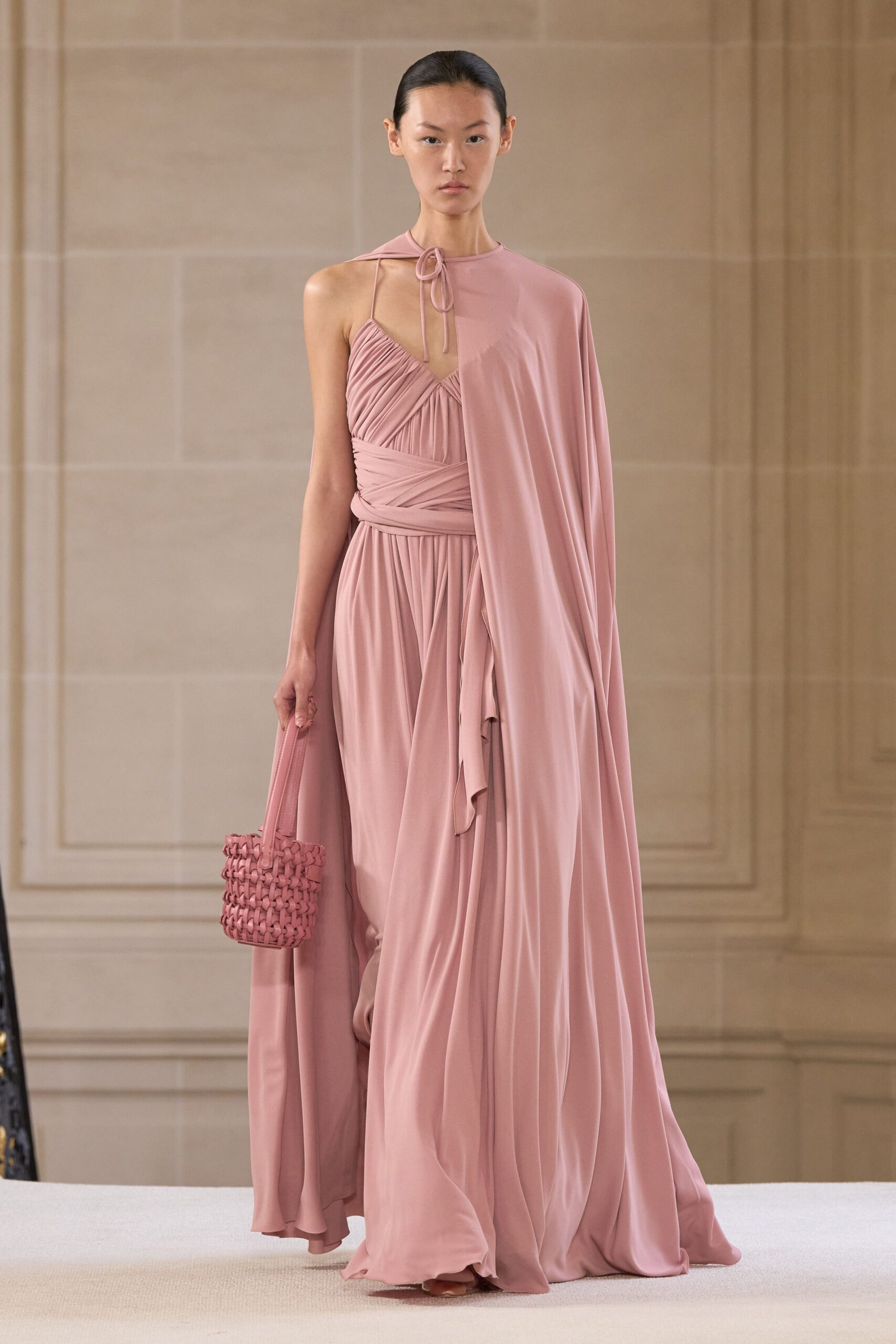 pink silk sleeveless halter fitted draped tiered gown