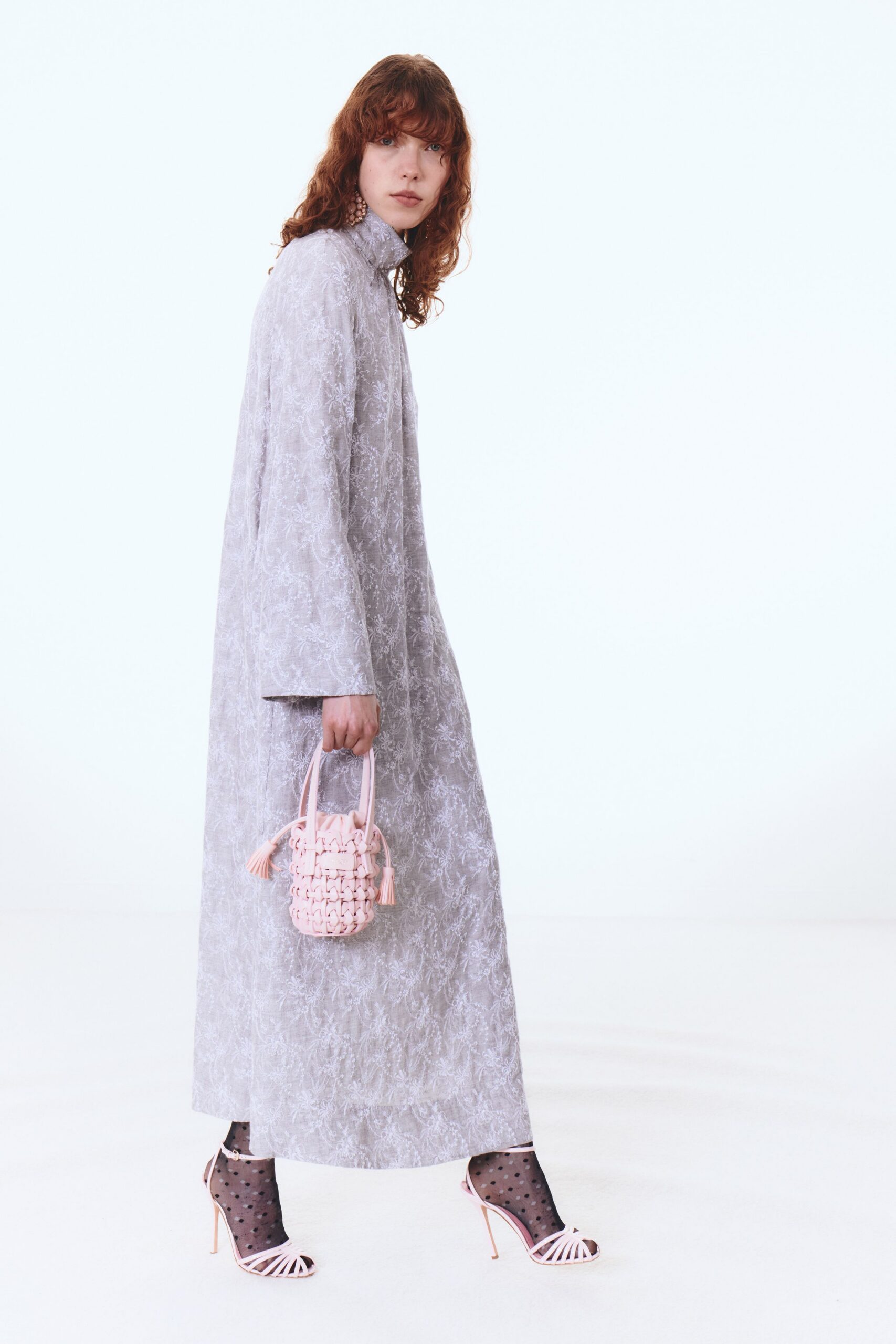gray floral maxi dress with pink accessories