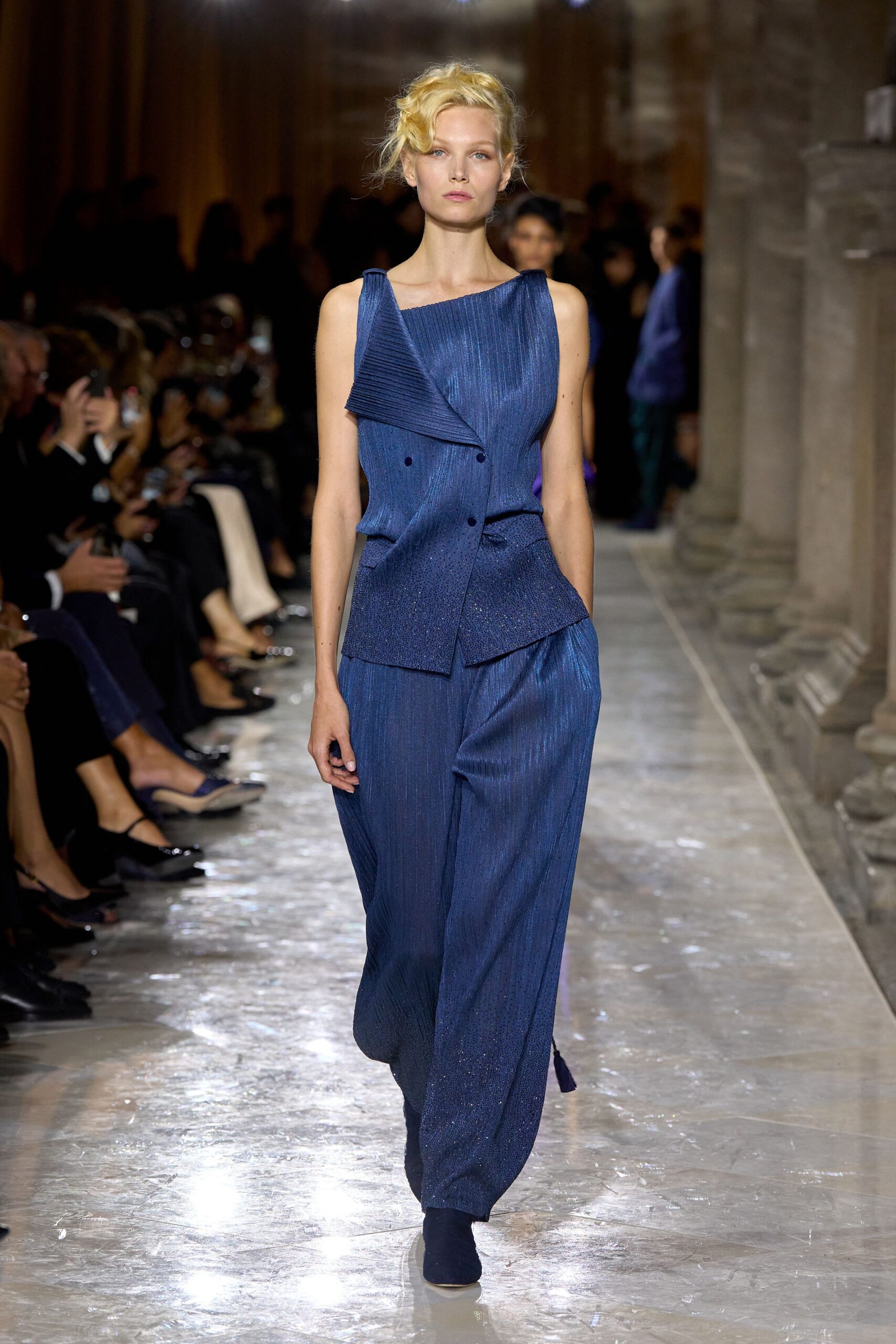 blue silk relaxed wide-leg flowing pants
