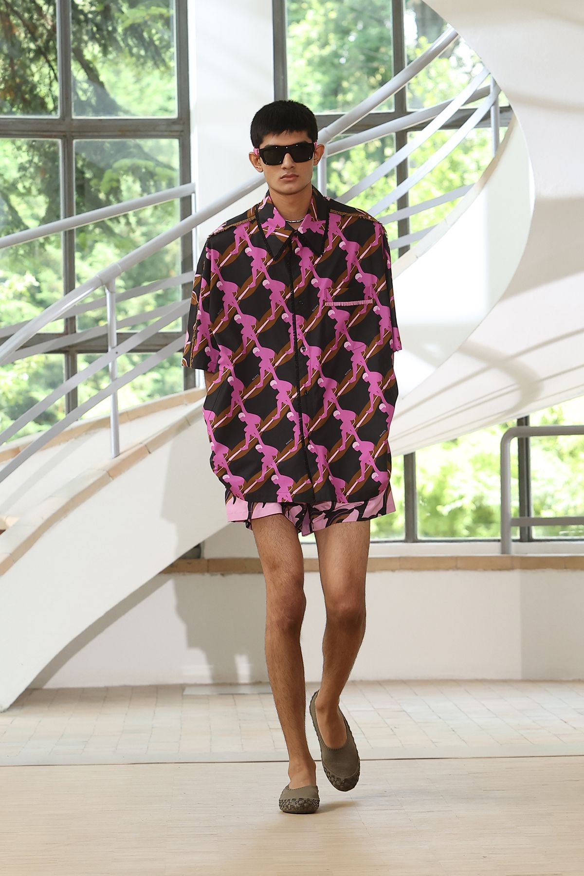 brown short-sleeve collared oversized printed shirt