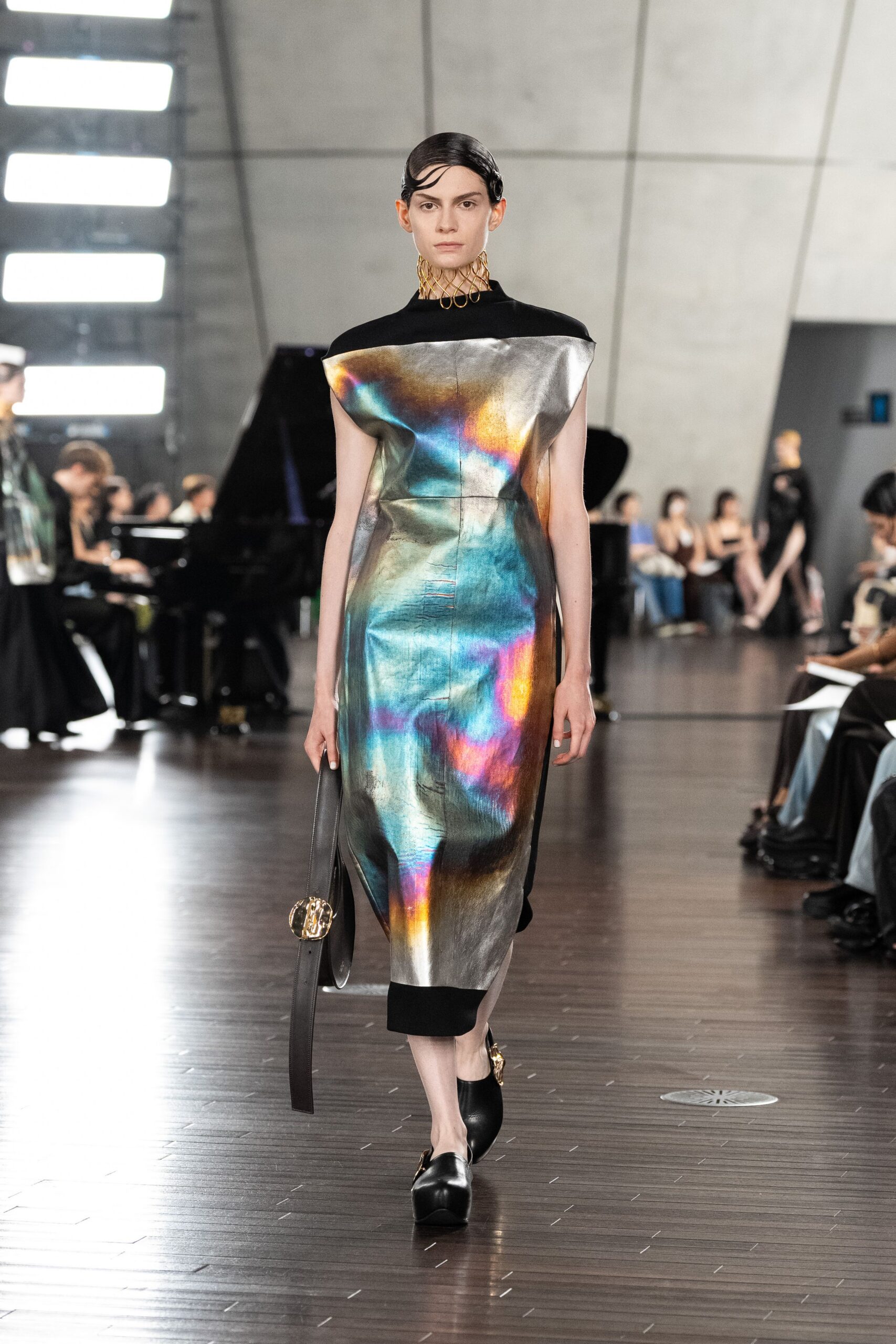 gray metallic sleeveless high-neck fitted shiny midi dress