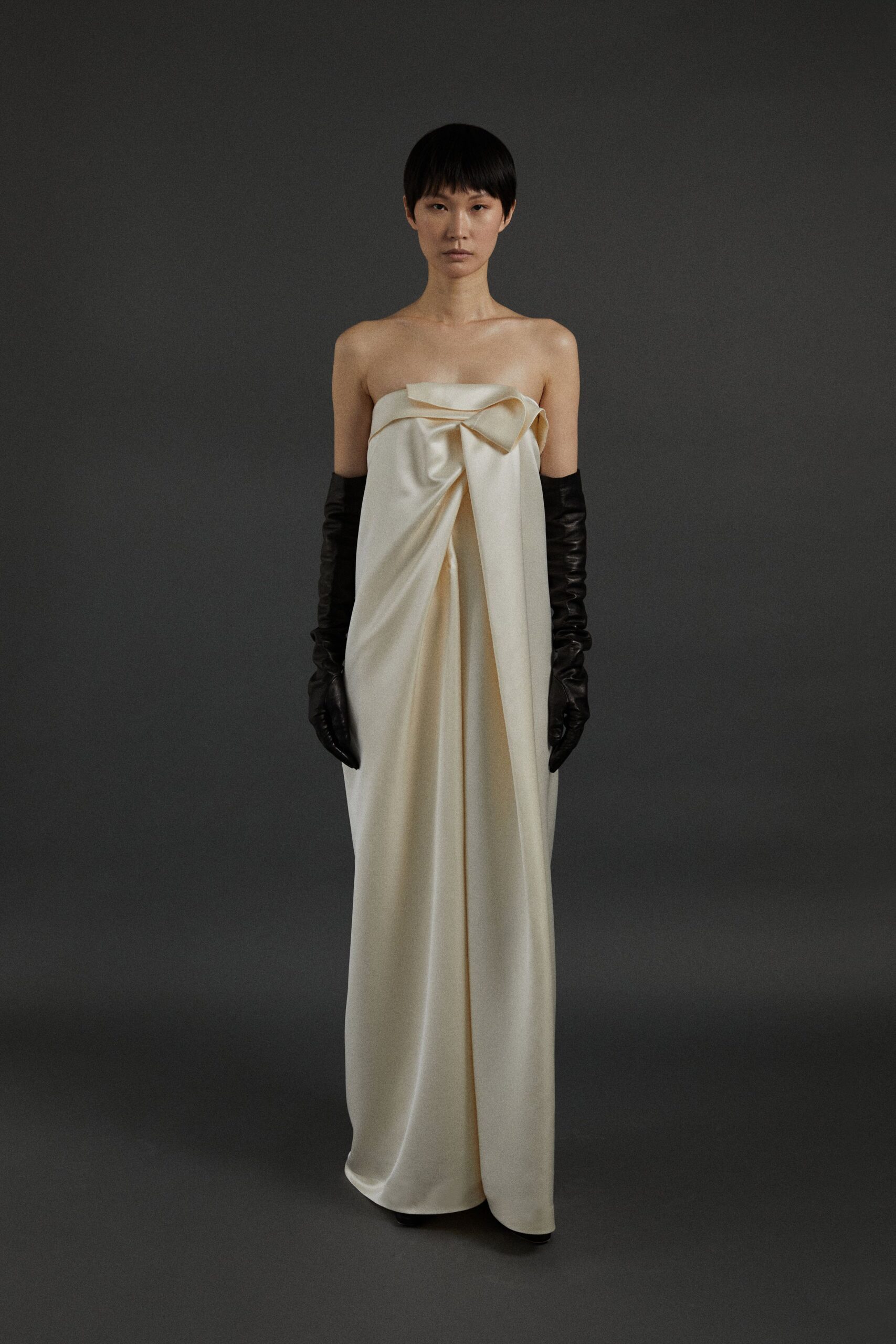 ivory silk strapless gown with gloves