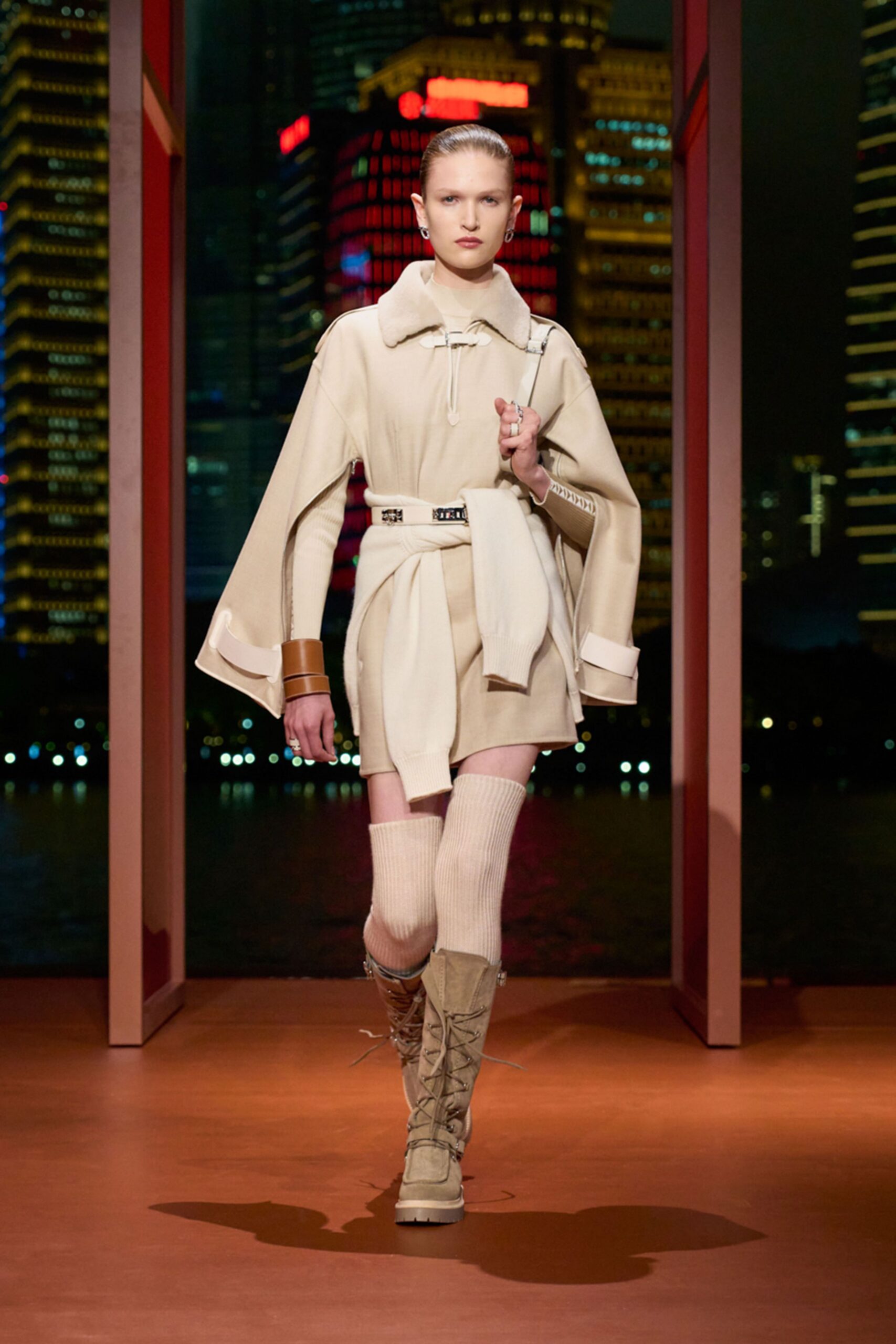 beige cotton long-sleeve collared relaxed belted mini dress