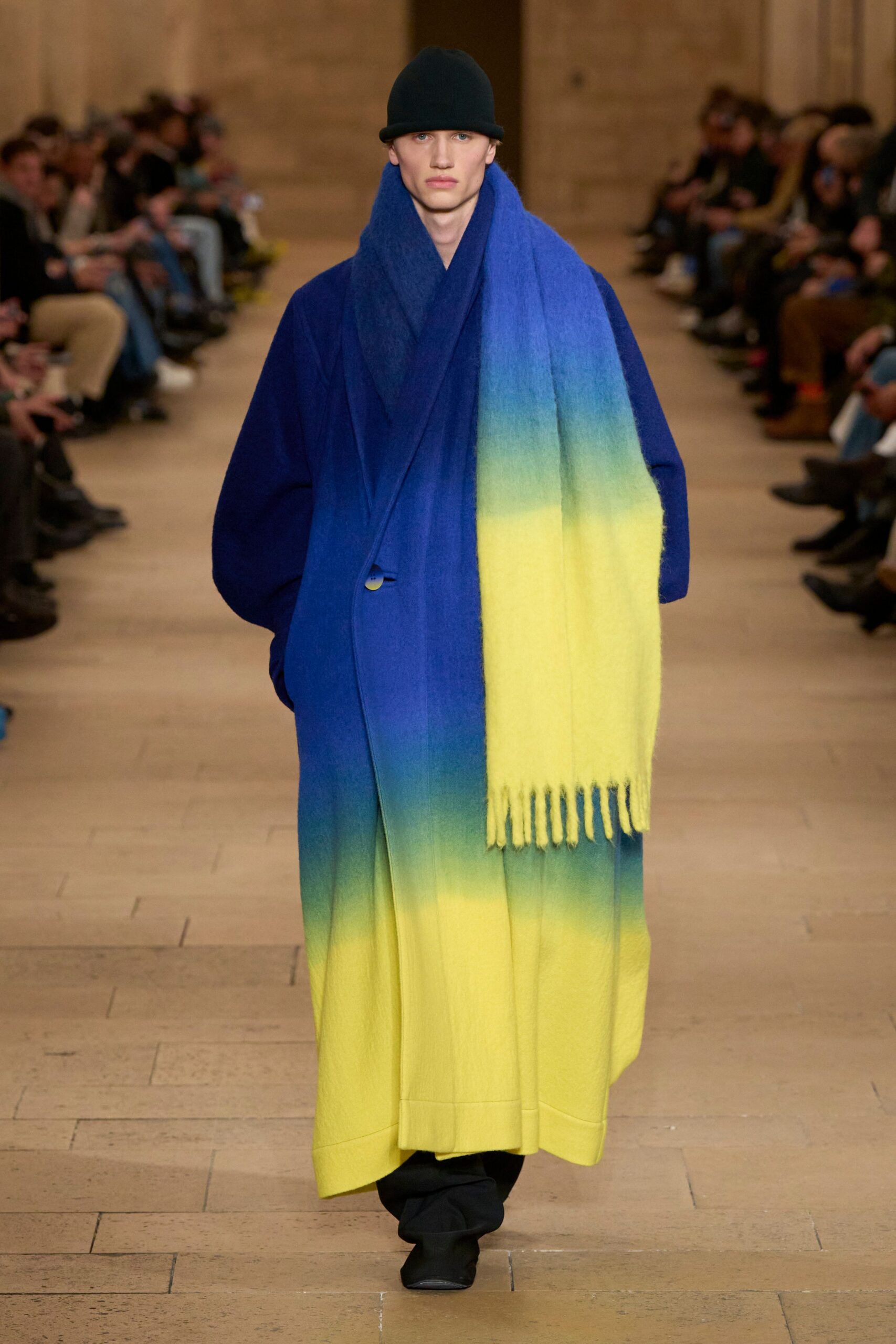 blue wool long-sleeve oversized color-blocked maxi coat