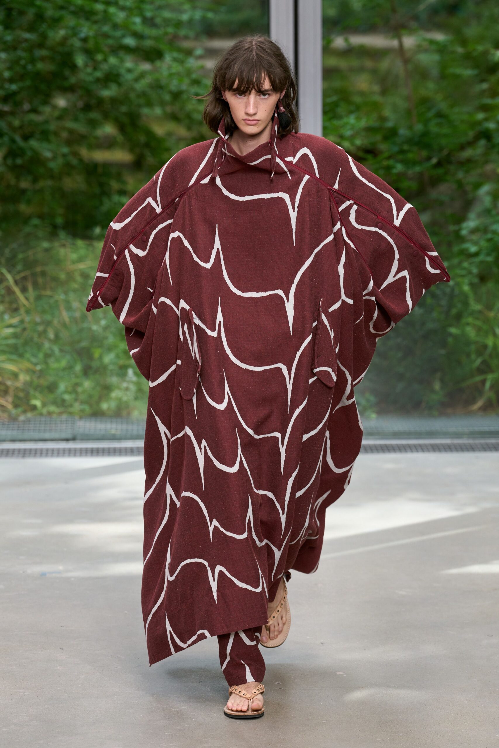 maroon cotton long-sleeve high-neck oversized printed maxi dress