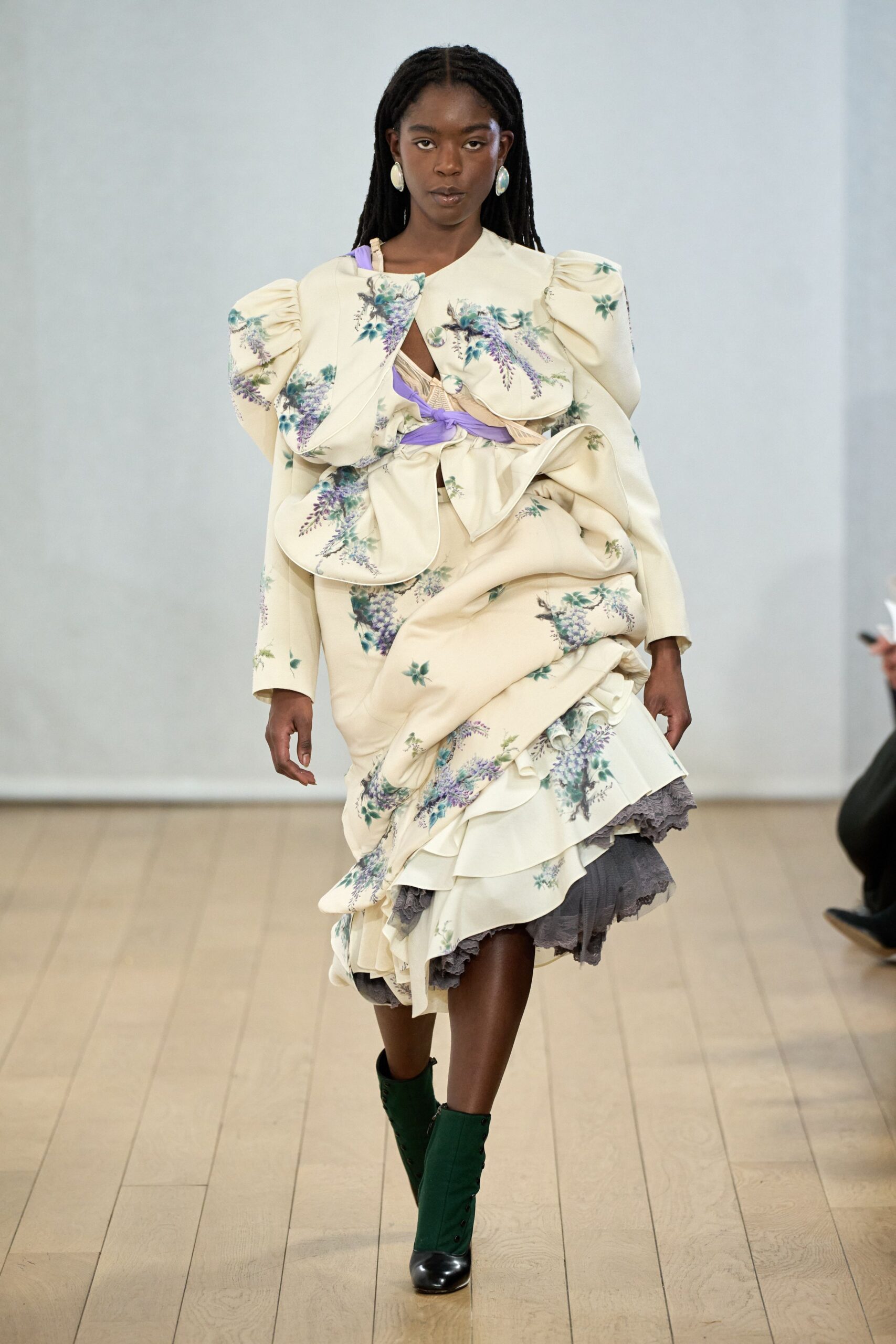 ivory floral midi dress with green boots