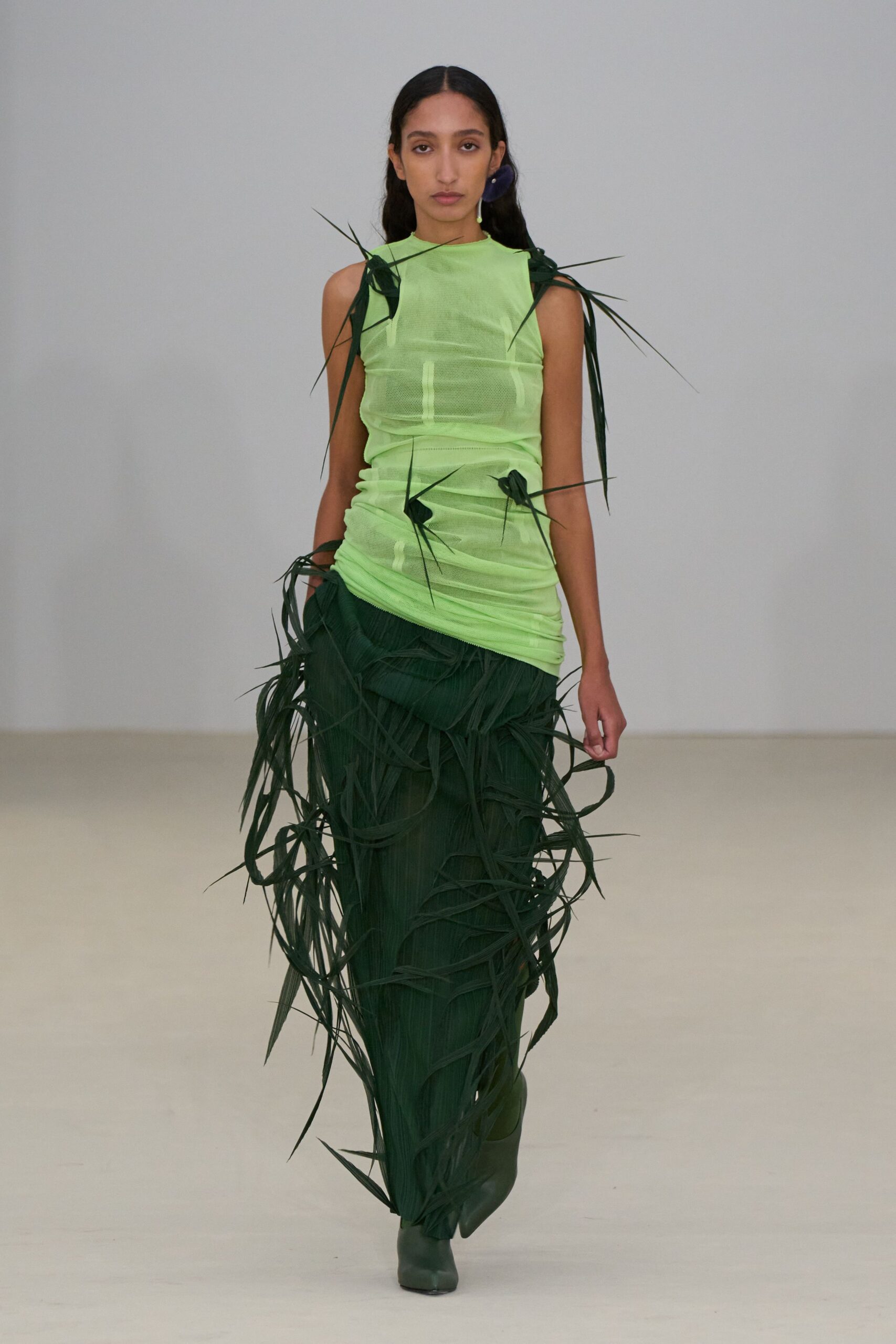 green silk sleeveless high-neck fitted draped layered dress
