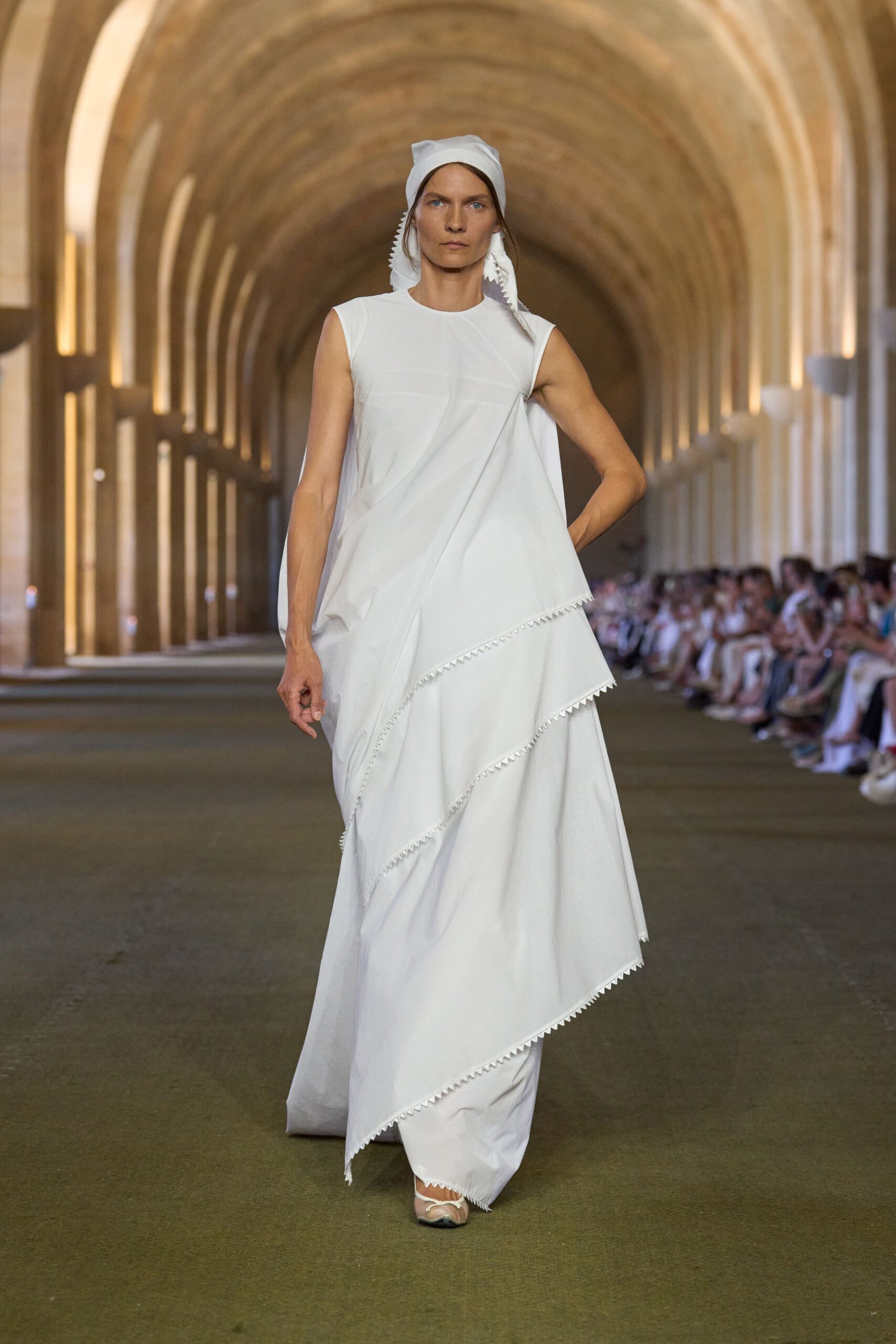white cotton sleeveless asymmetric fitted layered maxi dress