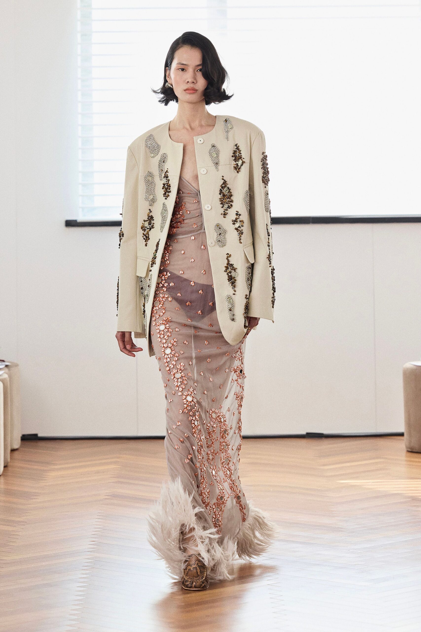 white cotton long-sleeve collared structured embroidered jacket