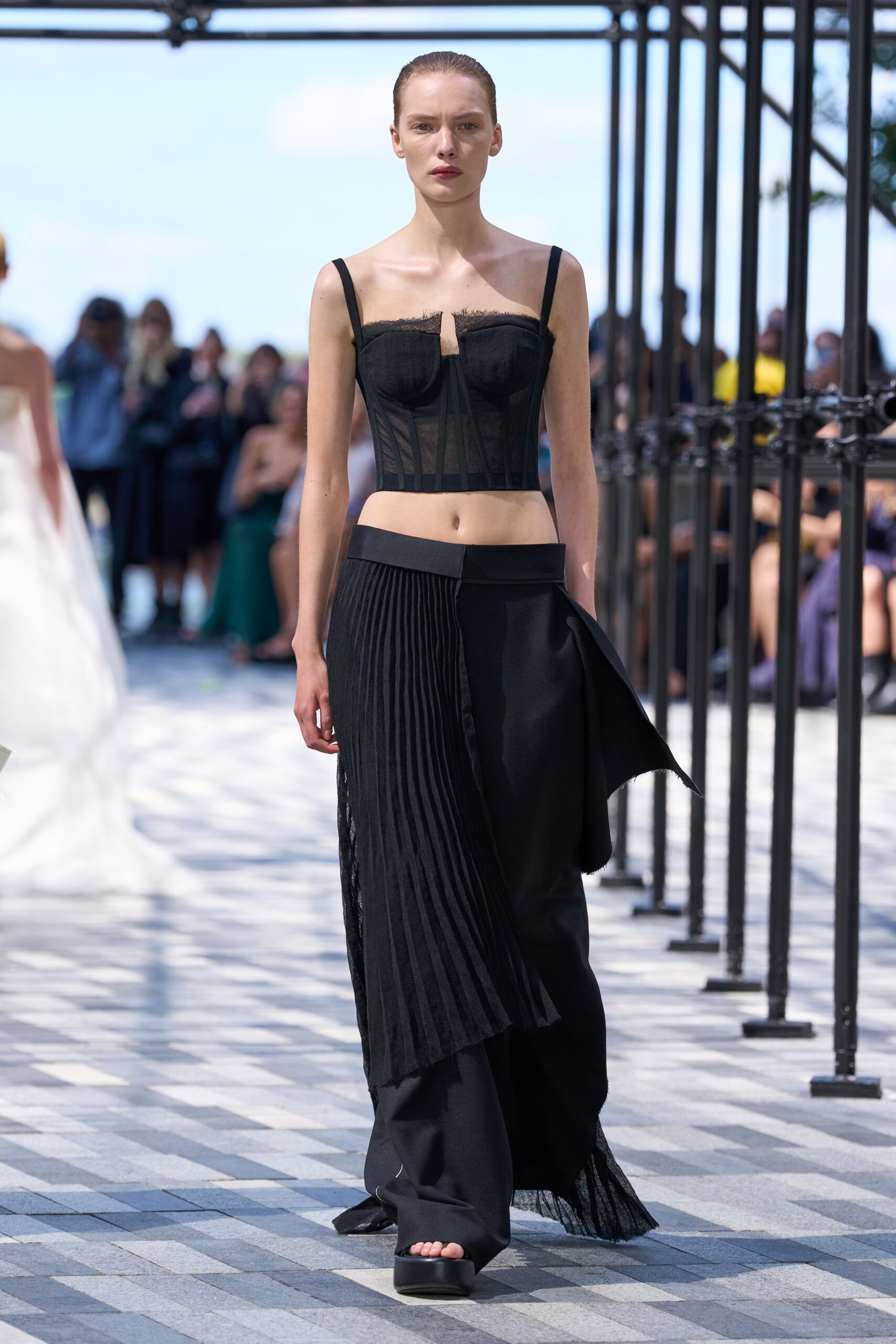 black silk sleeveless v-neck fitted pleated corset